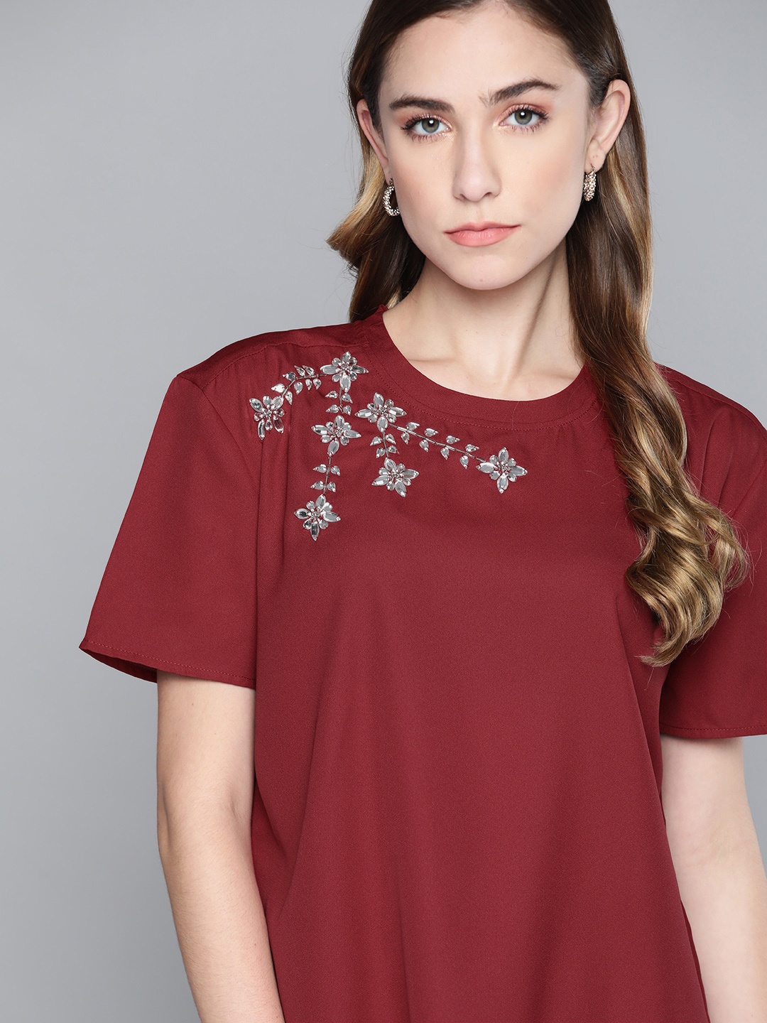 

Chemistry Maroon Floral Embellished Regular Top