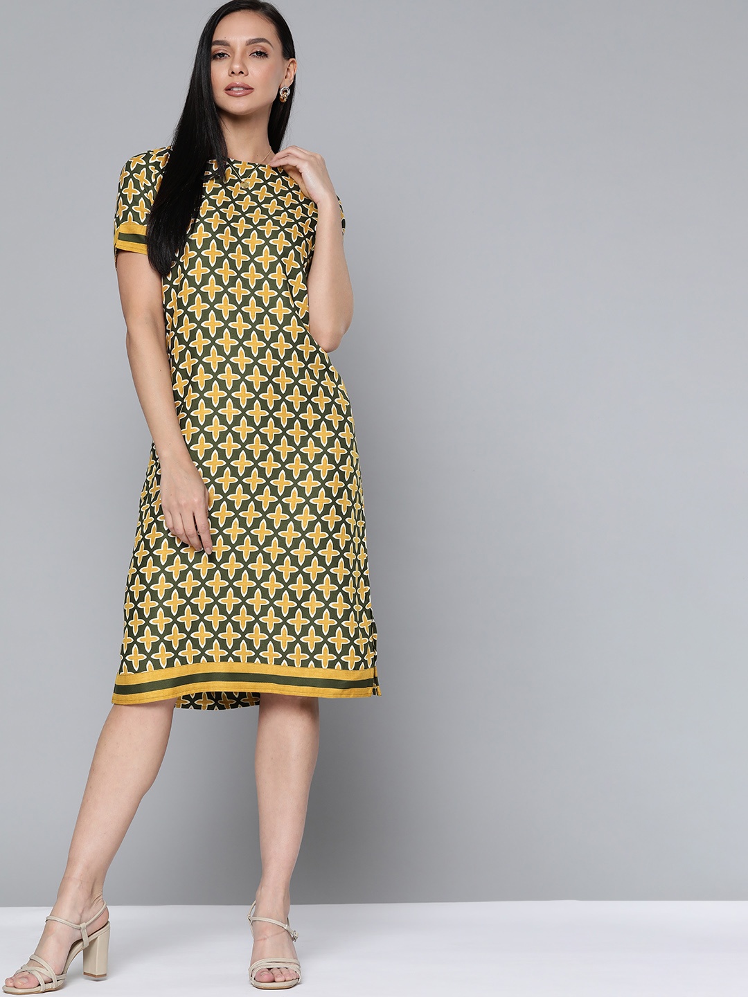 

Chemistry Mustard Yellow & Olive Green Printed A-Line Dress with Pockets