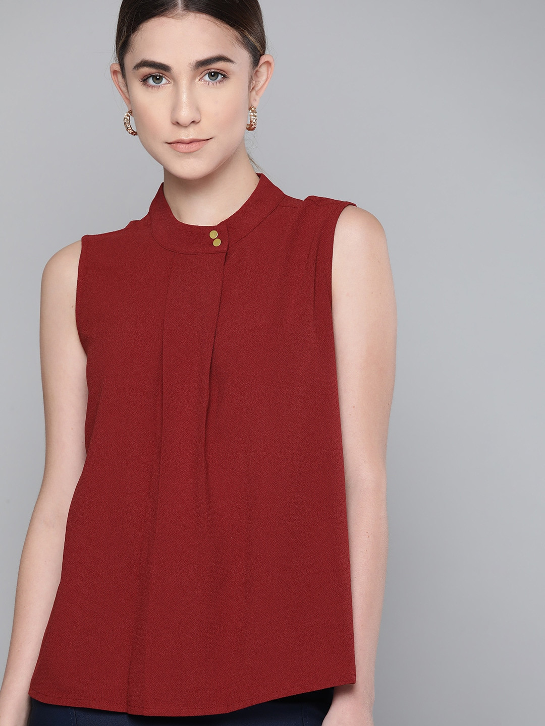 

Chemistry Maroon Solid Band Collar Top