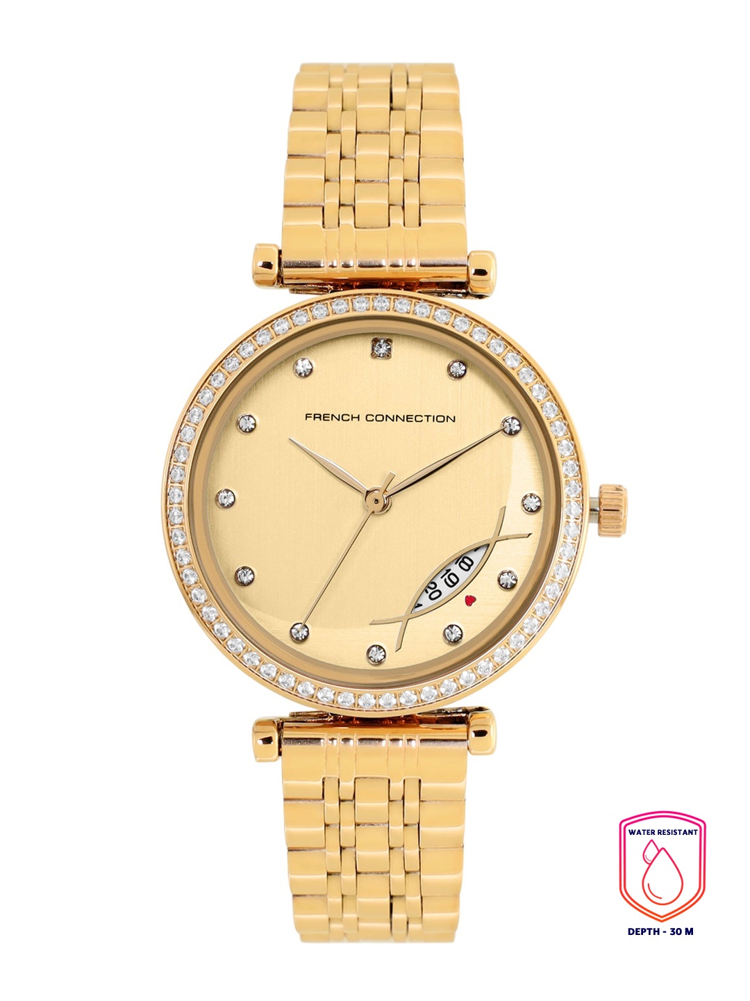 

French Connection Women Gold-Toned Embellished Dial & Gold Toned Straps Watch FCP26GM