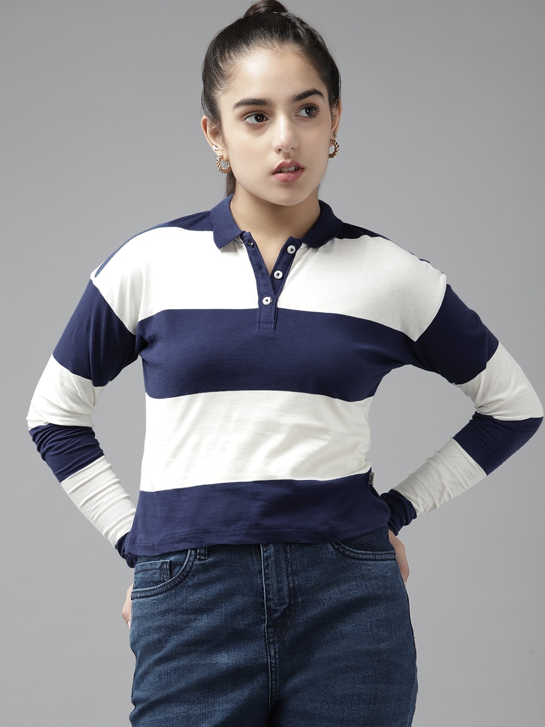 

UTH by Roadster Girls White & Navy Blue Pure Cotton Striped Polo Collar T-shirt