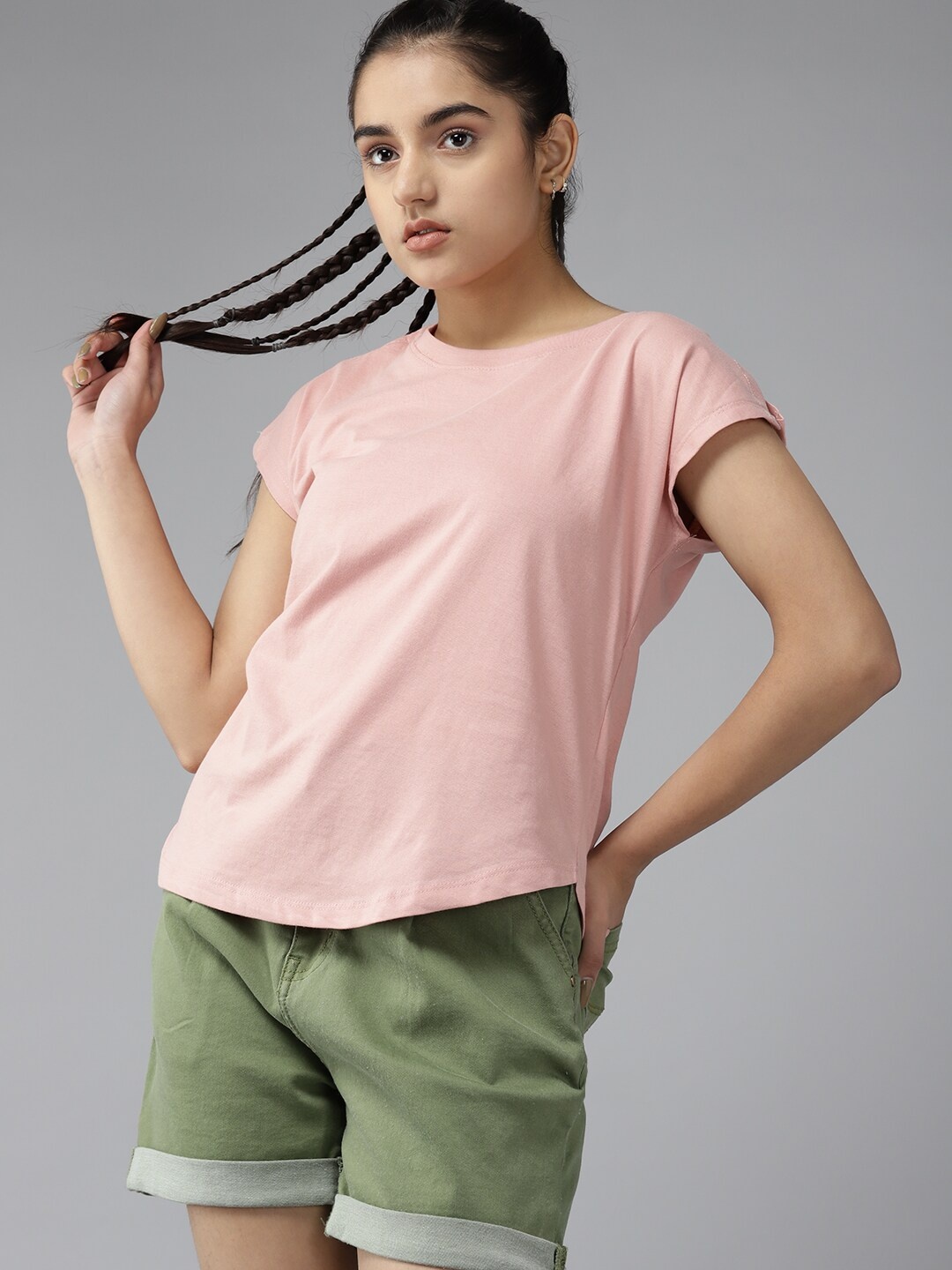 

UTH by Roadster Girls Dusty Pink Solid Extended Sleeves T-shirt