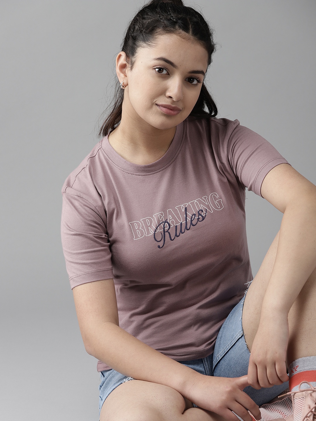

UTH by Roadster Girls Mauve Typography Printed Extended Sleeves Cotton T-shirt