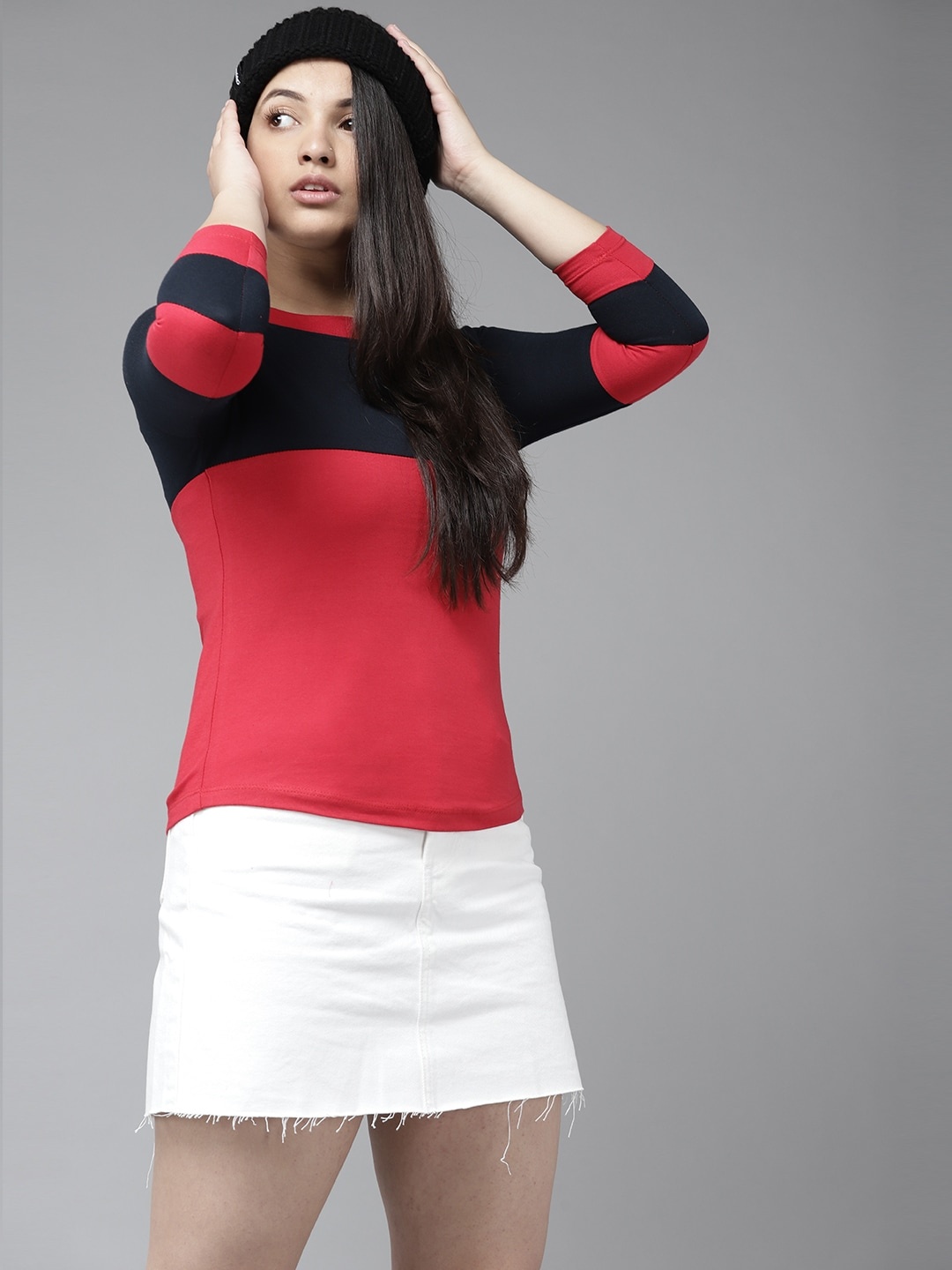 

UTH by Roadster Girls Red & Navy Blue Colourblocked T-shirt