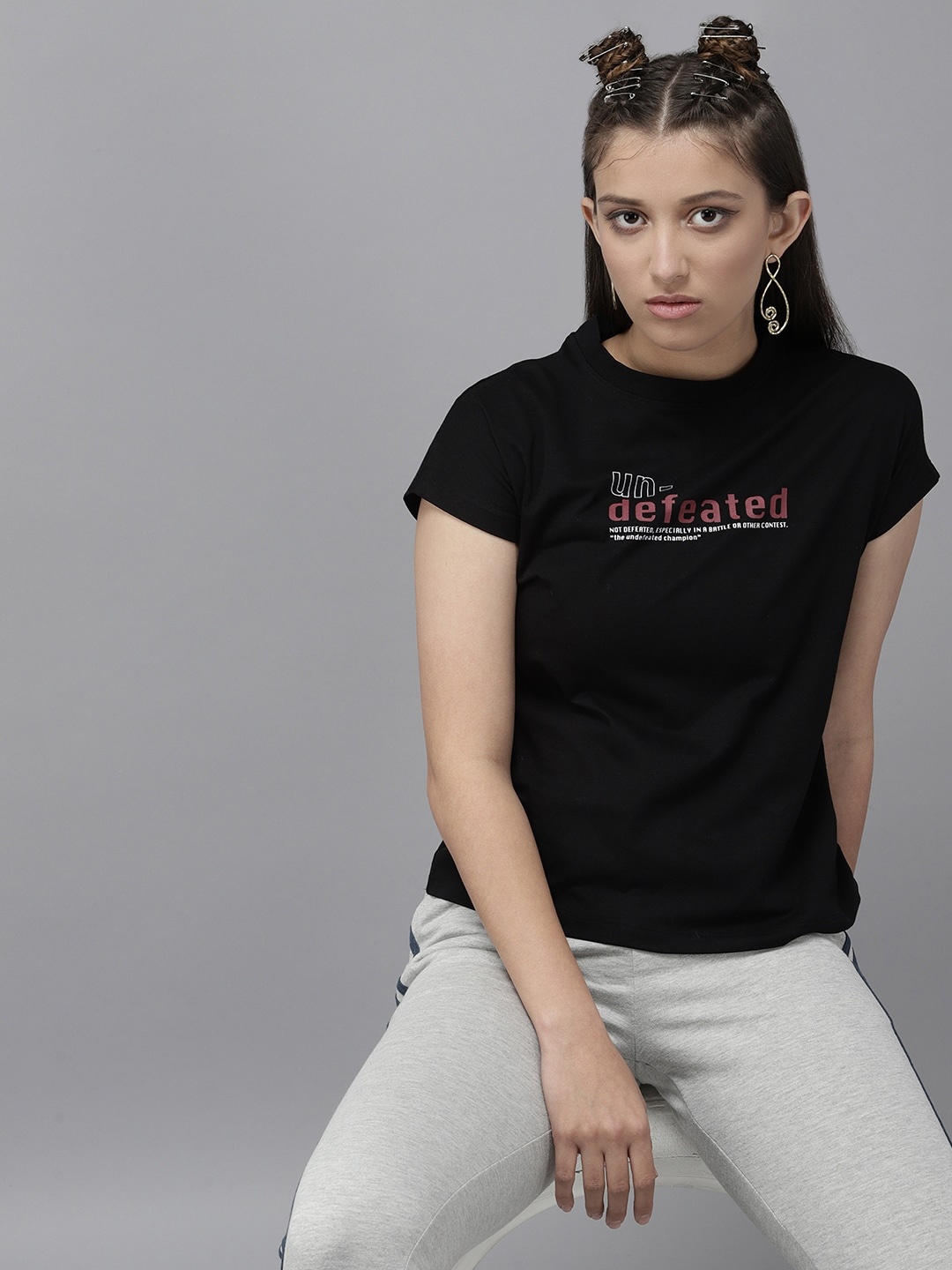 

UTH by Roadster Girls Black & Maroon Typography Print Pure Cotton Extended Sleeves T-shirt