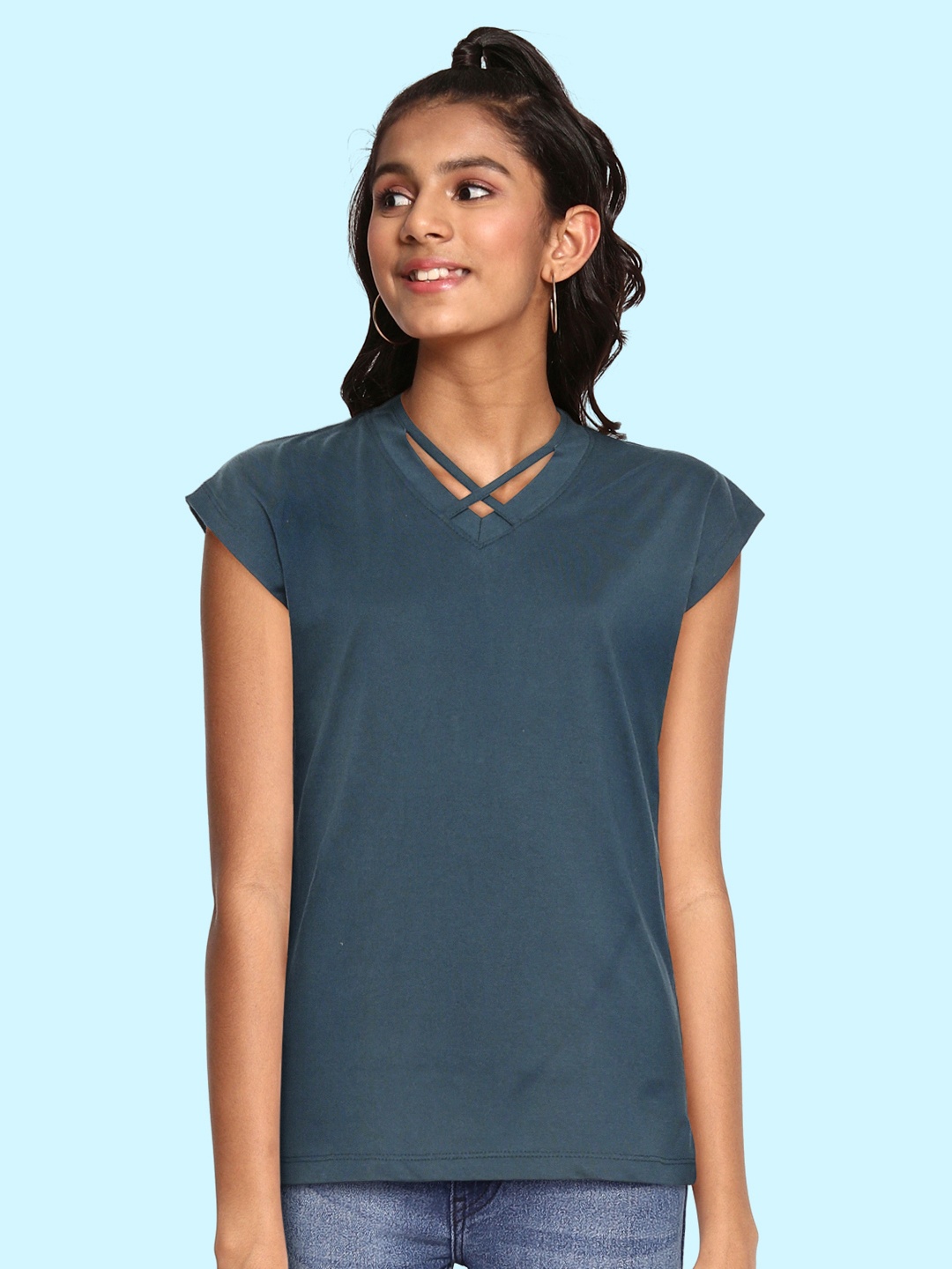 

UTH by Roadster Teal Green Cotton Extended Sleeves Regular Top