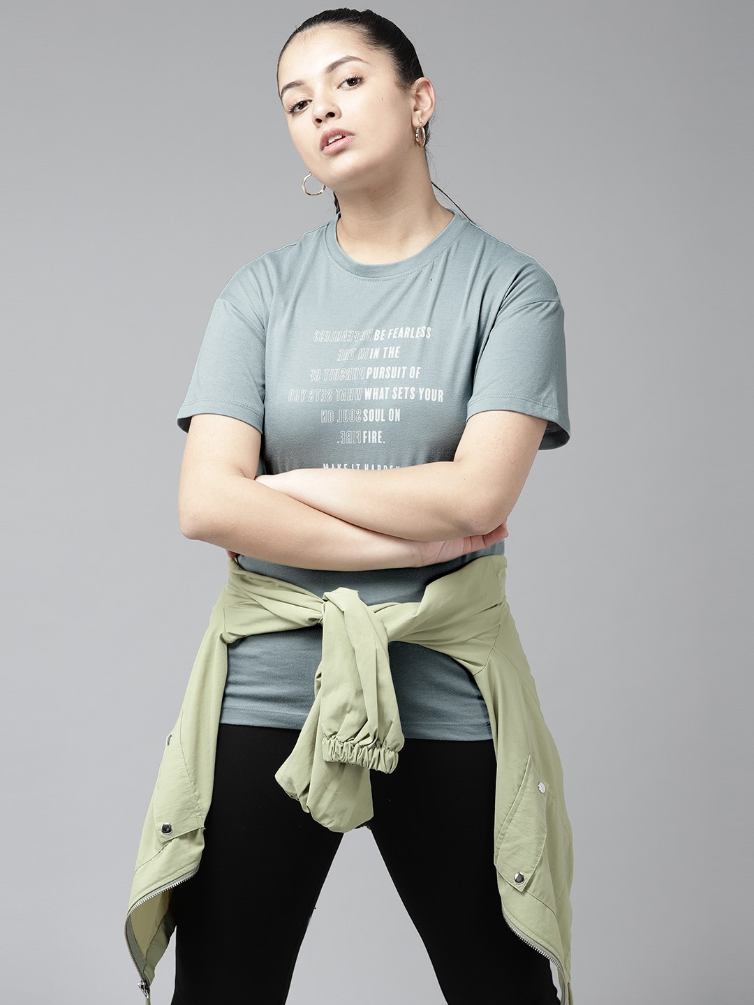 

UTH by Roadster Girls Sea Green Typography Printed Drop-Shoulder Sleeves T-shirt