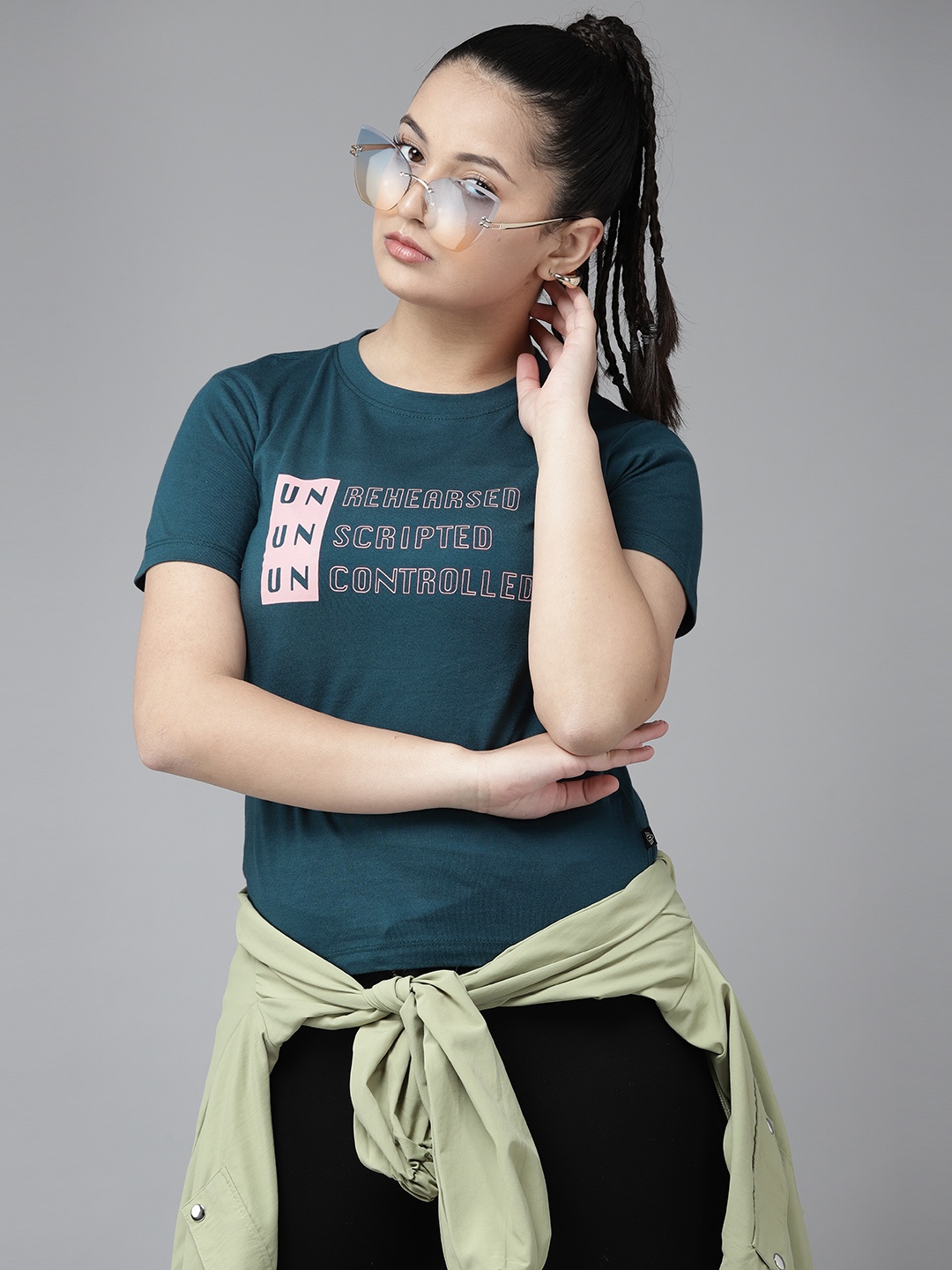 

UTH by Roadster Girls Teal & Pink Typography Print T-shirt