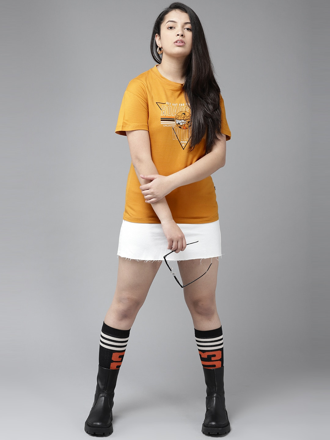 

UTH by Roadster Girls Mustard Yellow & White Cotton Brand Logo Print Drop-Shoulder T-shirt