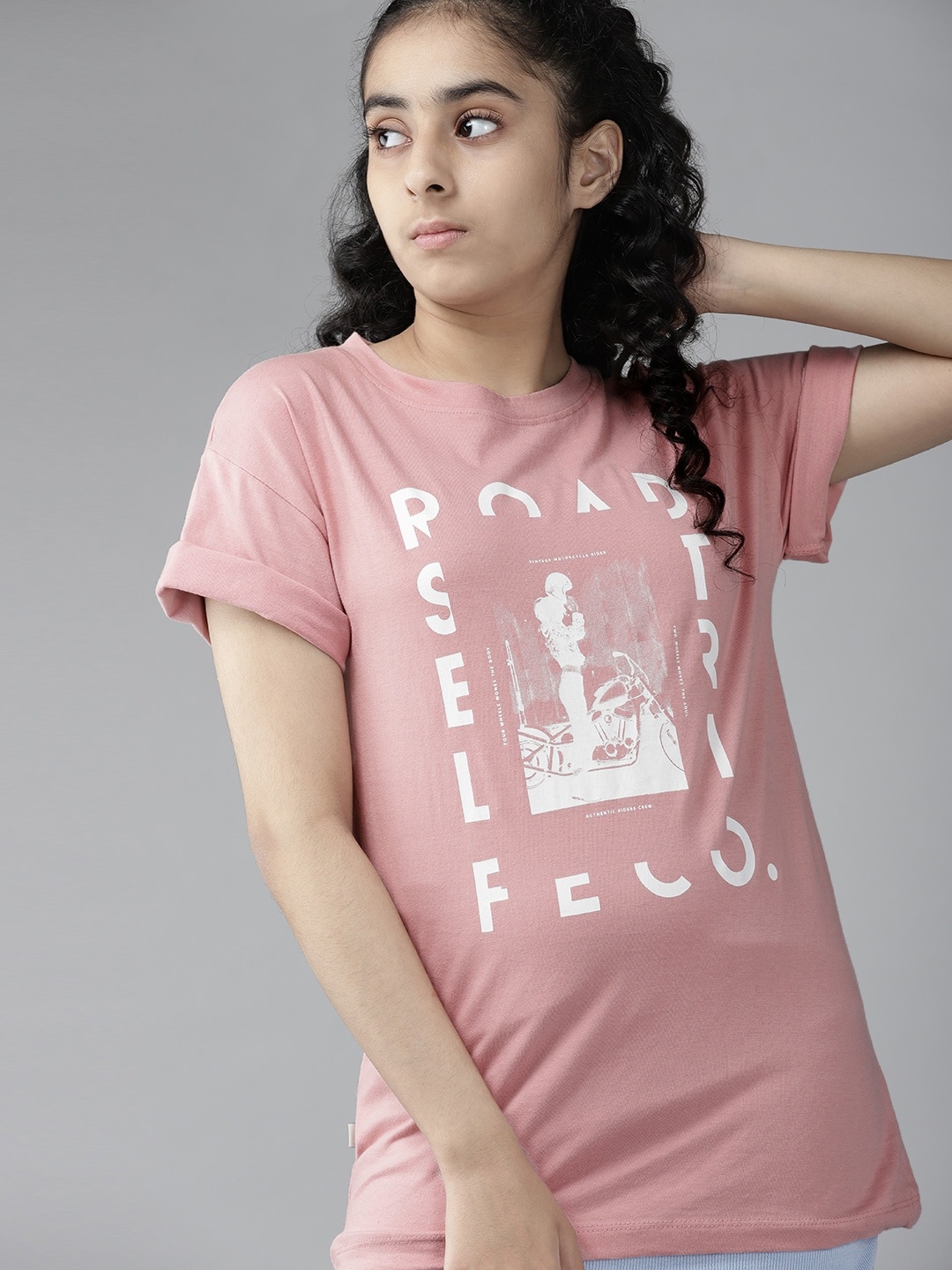 

UTH by Roadster Girls Peach-Coloured & White Cotton Printed T-shirt