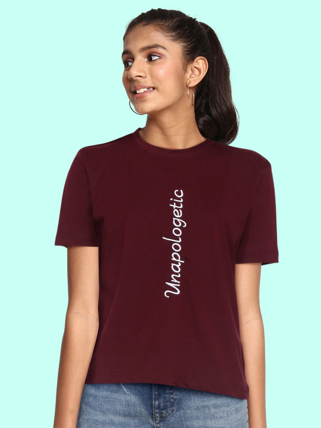 

UTH by Roadster Girls Burgundy & White Pure Cotton Typography Embroidered T-shirt