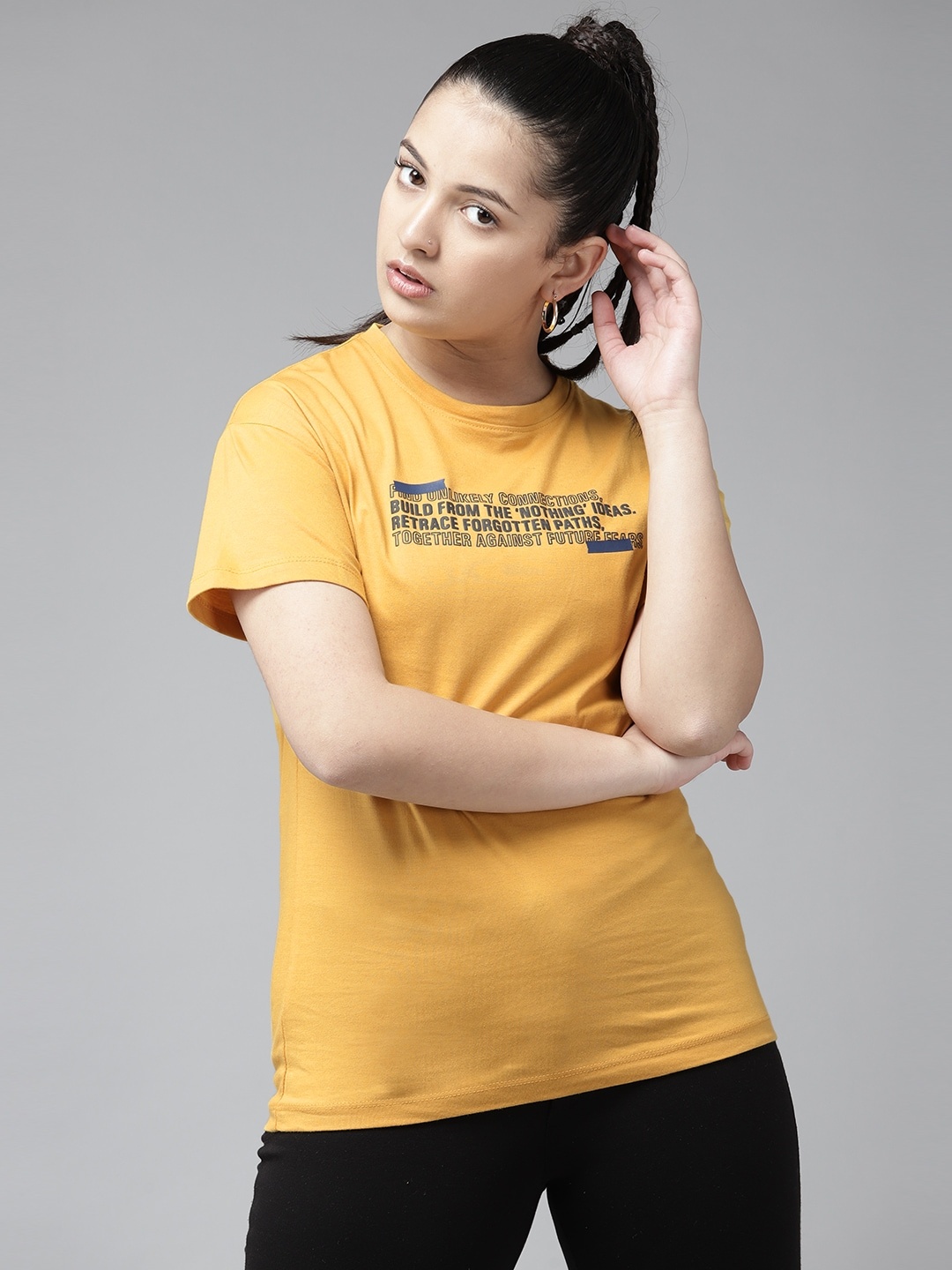 

UTH by Roadster Girls Mustard Yellow Cotton Typography Print Drop-Shoulder Sleeves T-shirt