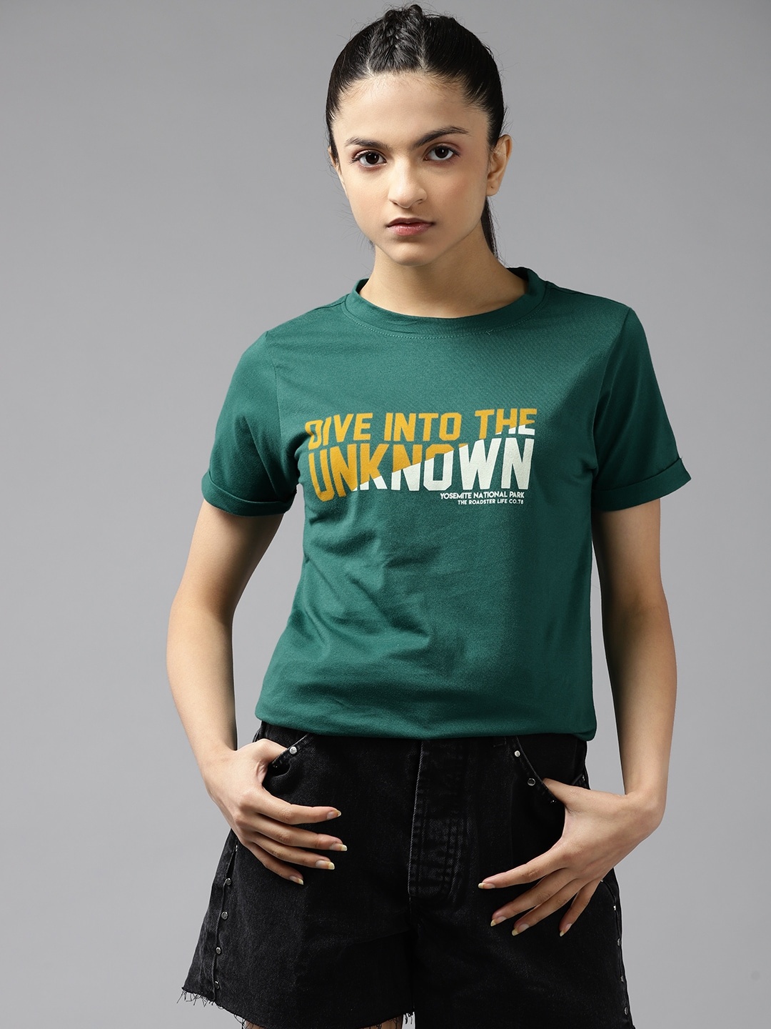 

UTH by Roadster Girls Green & Mustard Yellow Typography Print T-shirt