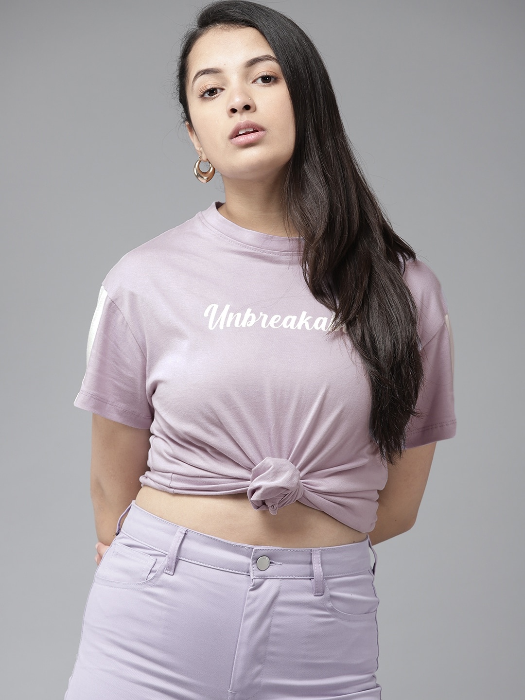 

UTH by Roadster Girls Lavender Cotton Typography Printed Drop-Shoulder Sleeves T-shirt