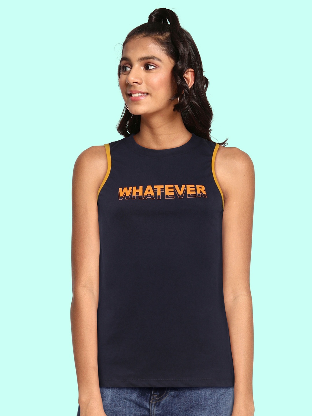 

UTH by Roadster Girls Navy Blue Typography Printed Cotton Sleeveless T-shirt