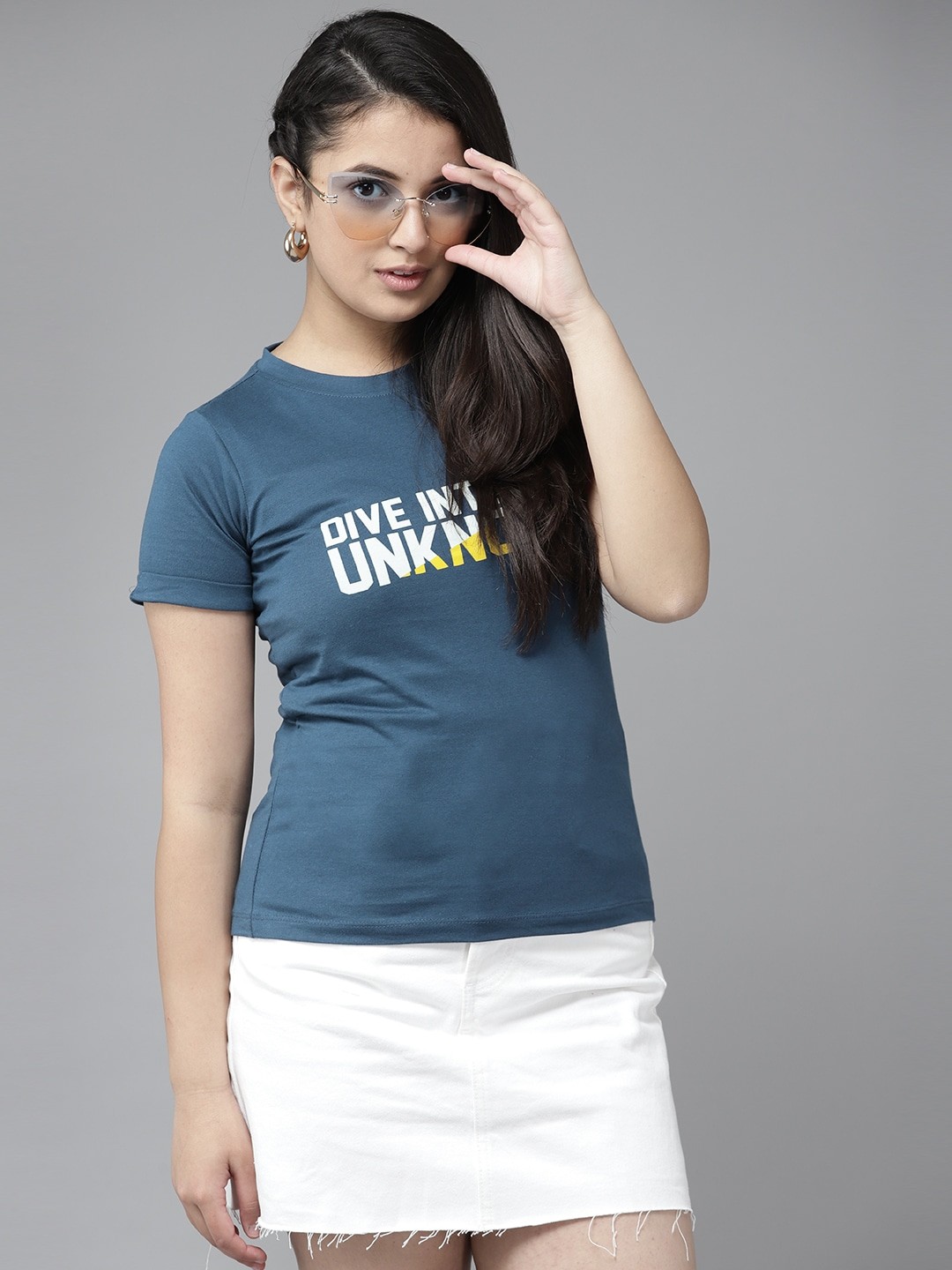 

UTH by Roadster Girls Navy Blue Cotton Typography Printed T-shirt