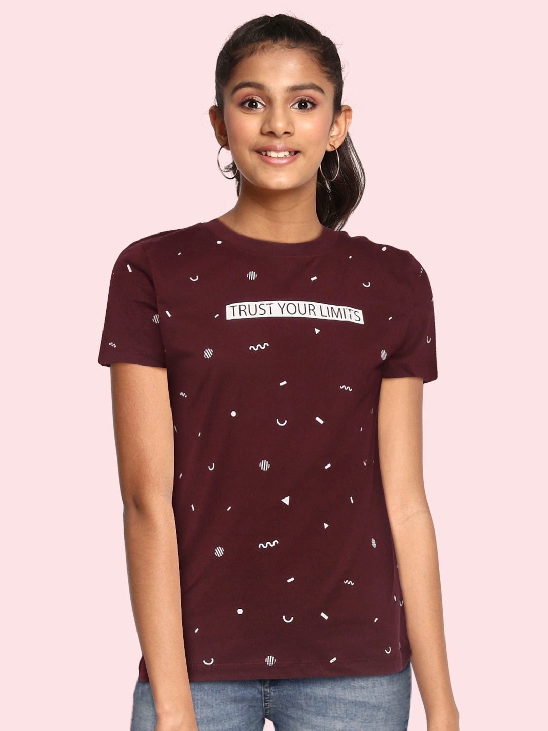 

UTH by Roadster Girls Burgundy & White Cotton Printed T-shirt