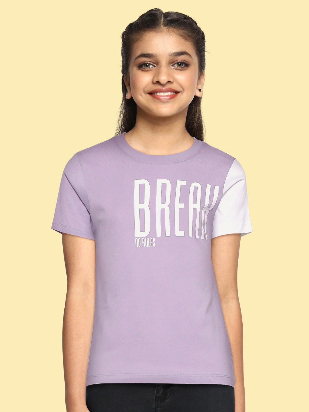 

UTH by Roadster Girls Lavender & White Cotton Typography Placement Printed T-shirt