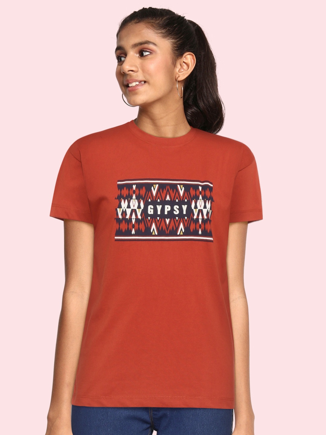 

UTH by Roadster Girls Rust Orange & Navy Blue Cotton Printed T-shirt