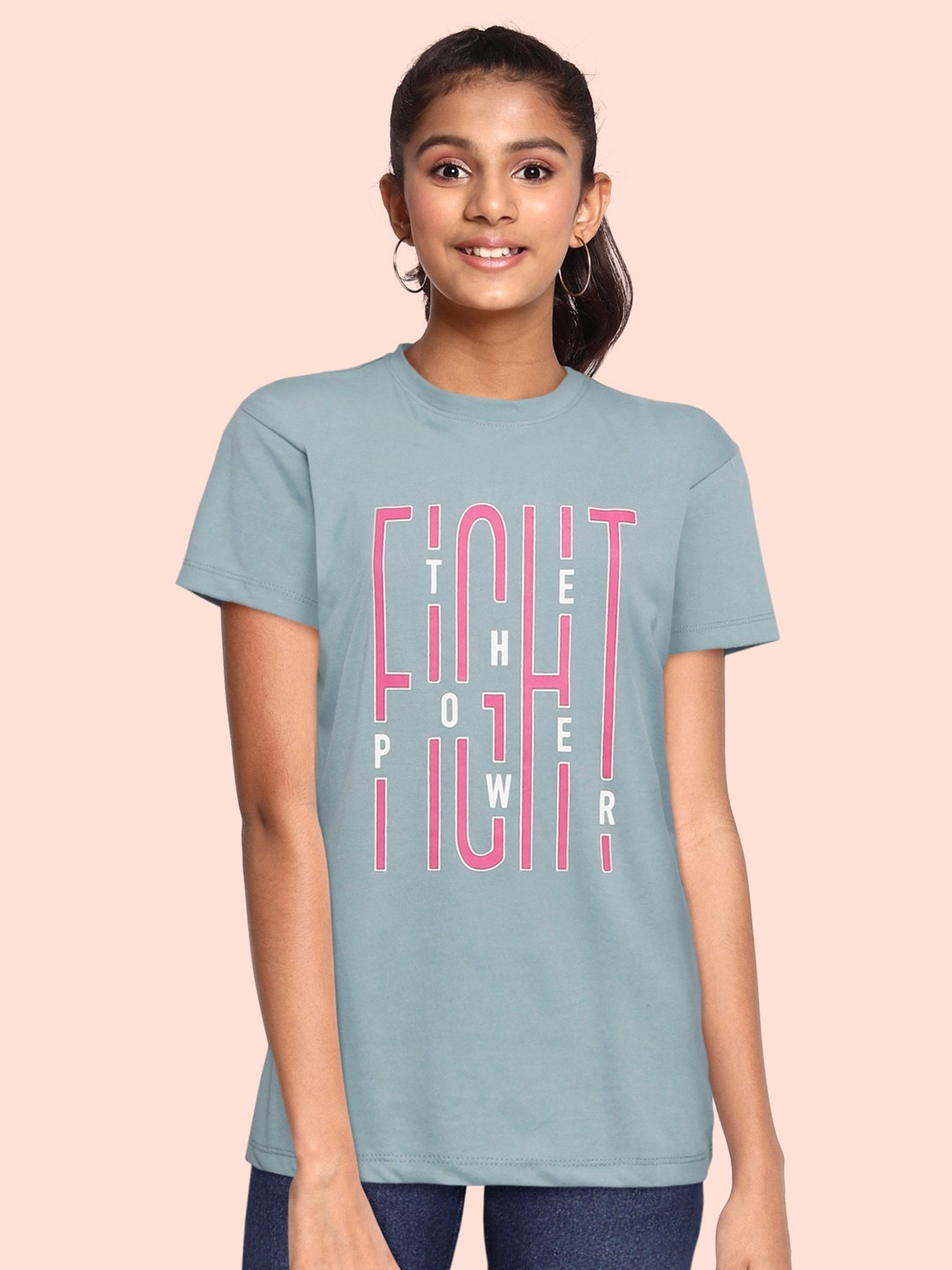 

UTH by Roadster Girls Blue & Pink Typography Printed T-shirt