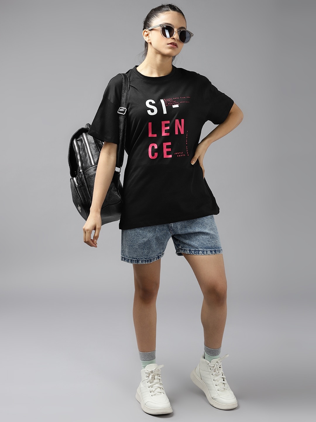 

UTH by Roadster Girls Black Cotton Typography Printed Drop-Shoulder Sleeves T-shirt