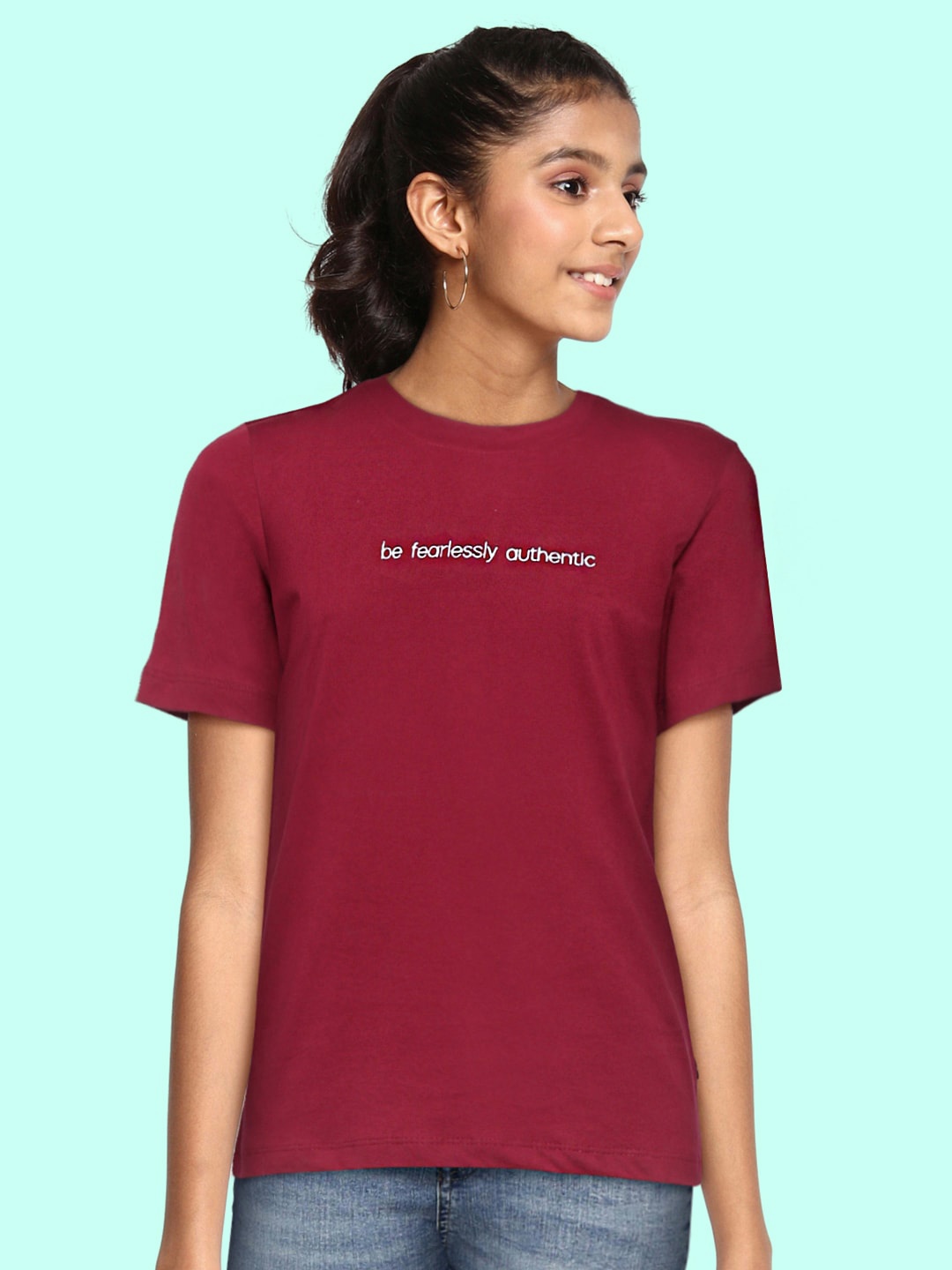 

UTH by Roadster Girls Maroon Pure Cotton Embroidered Detail T-shirt