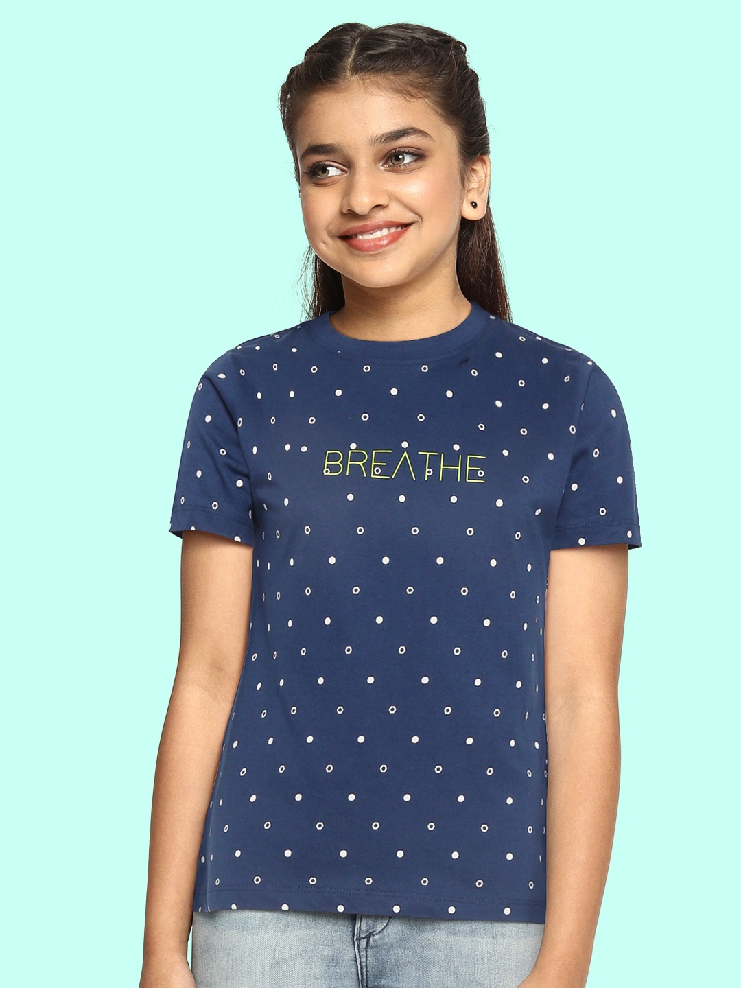 

UTH by Roadster Girls Navy Blue & White Cotton Geometric Print T-shirt
