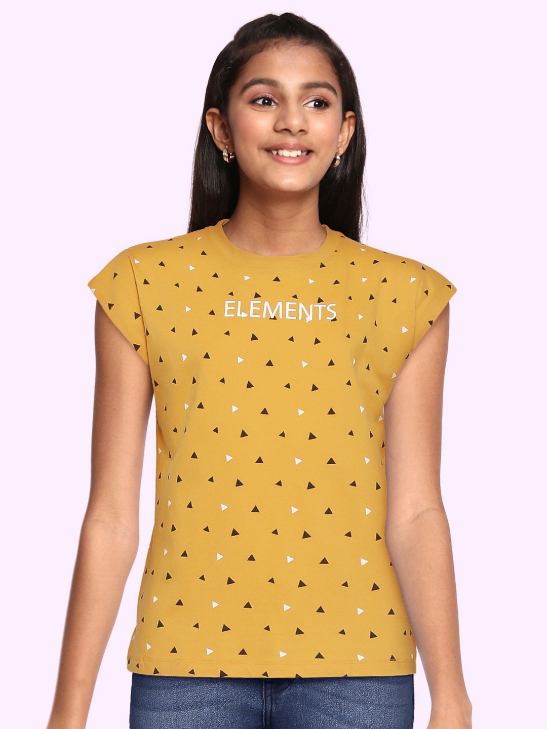 

UTH by Roadster Girls Mustard Yellow & Black Cotton Printed Extended Sleeves T-shirt