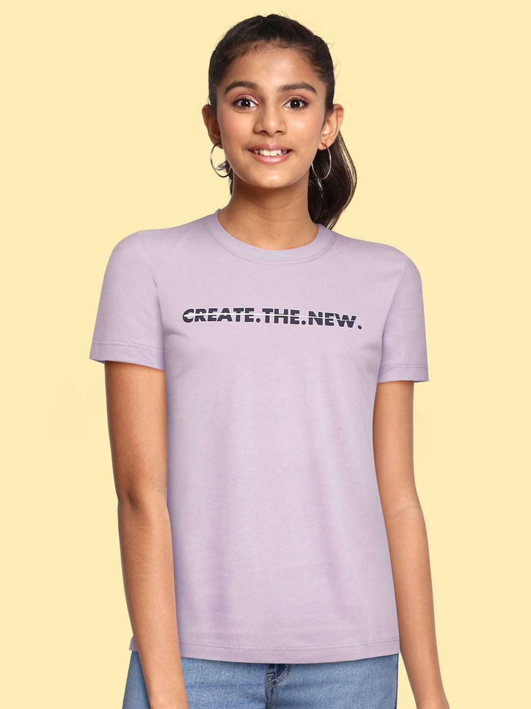 

UTH by Roadster Girls Lavender & Black Cotton Typography Printed T-shirt