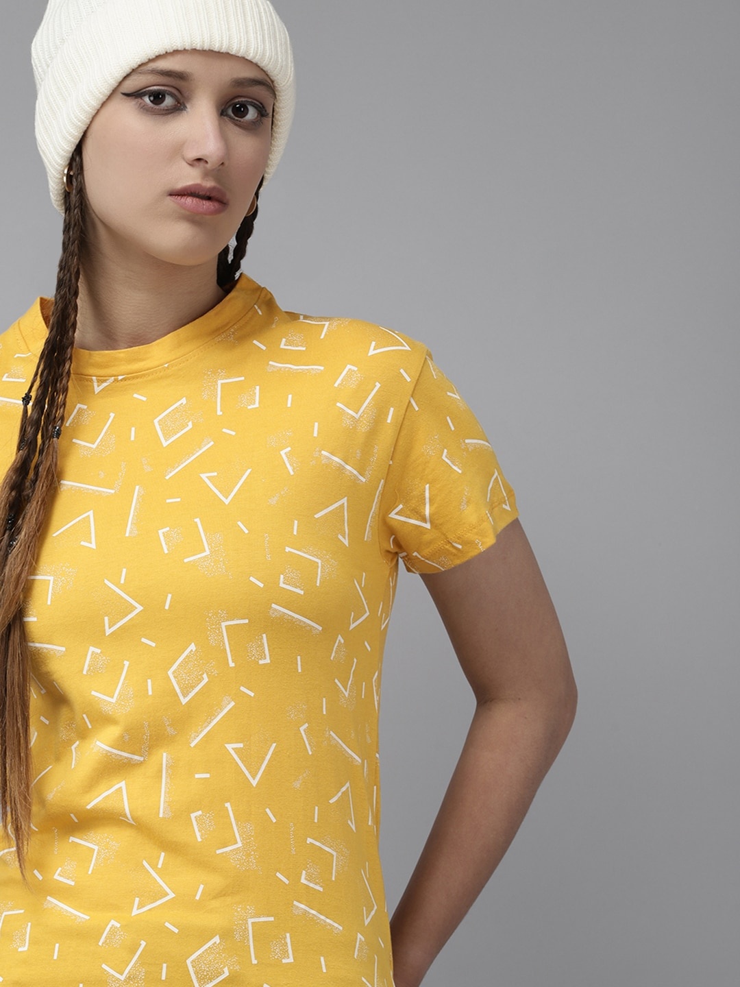 

UTH by Roadster Girls Mustard Yellow & White Cotton Geometric Printed T-shirt