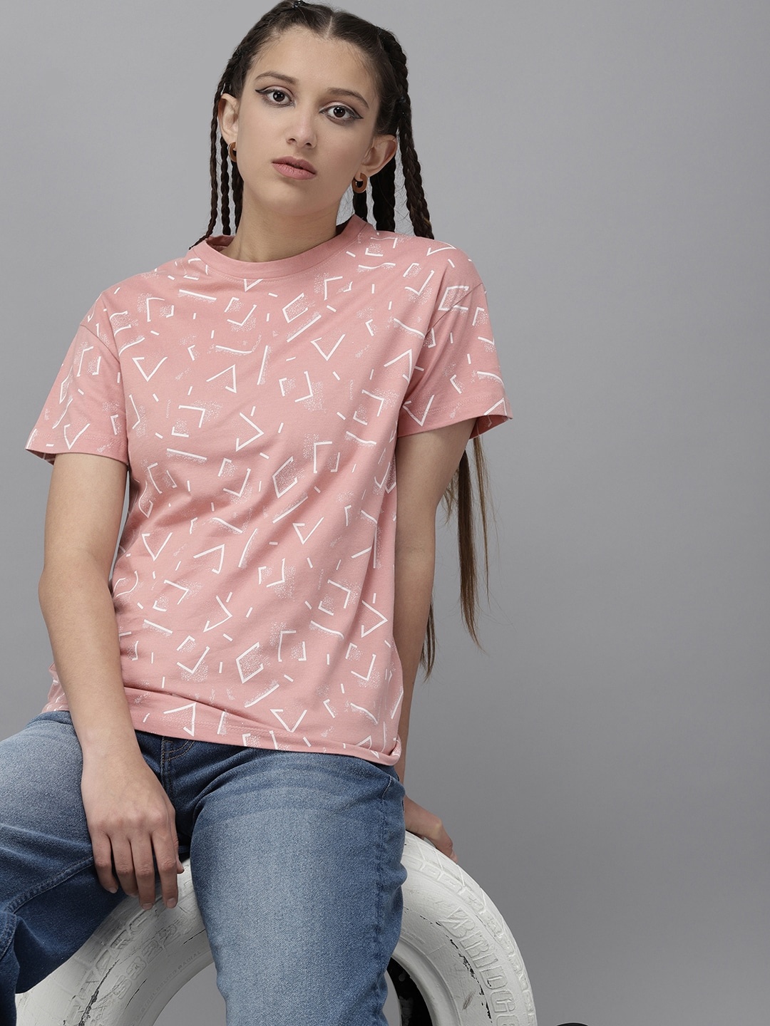 

UTH by Roadster Girls Peach-Coloured & White Cotton Geometric Printed T-shirt