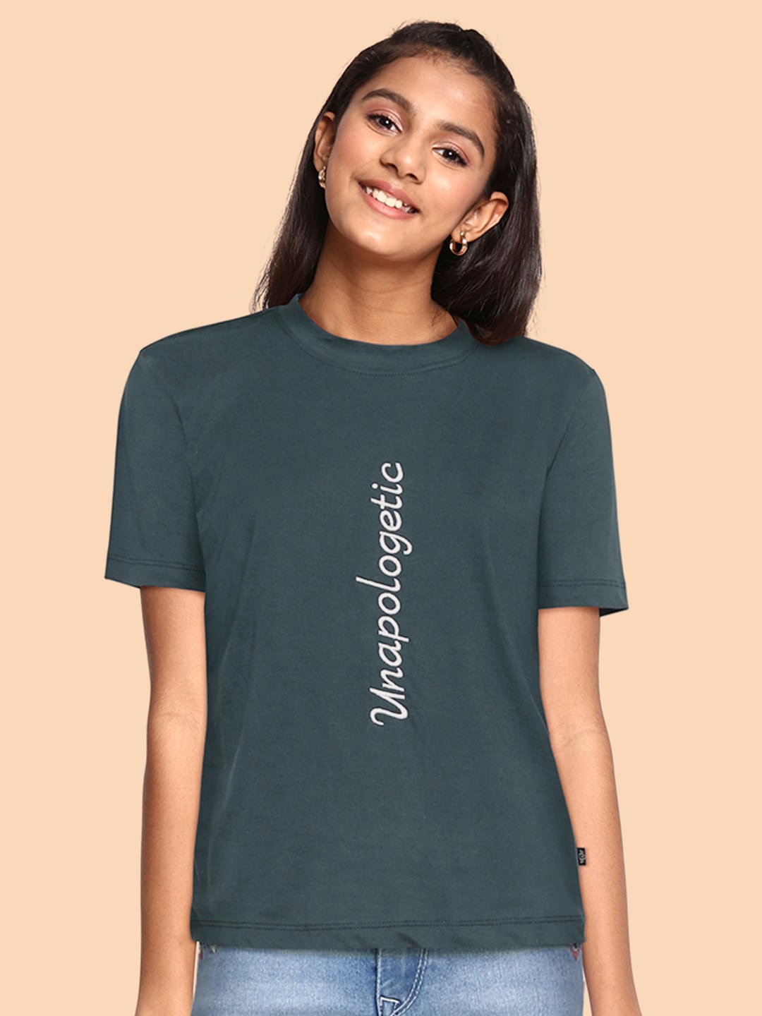 

UTH by Roadster Girls Teal Green & White Pure Cotton Typography Embroidered T-shirt