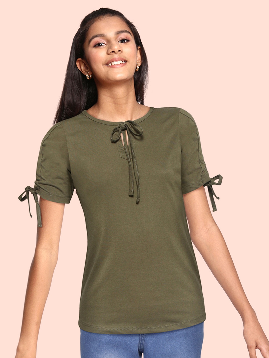 

UTH by Roadster Girls Olive Green Solid Tie-Up Neck Regular Top