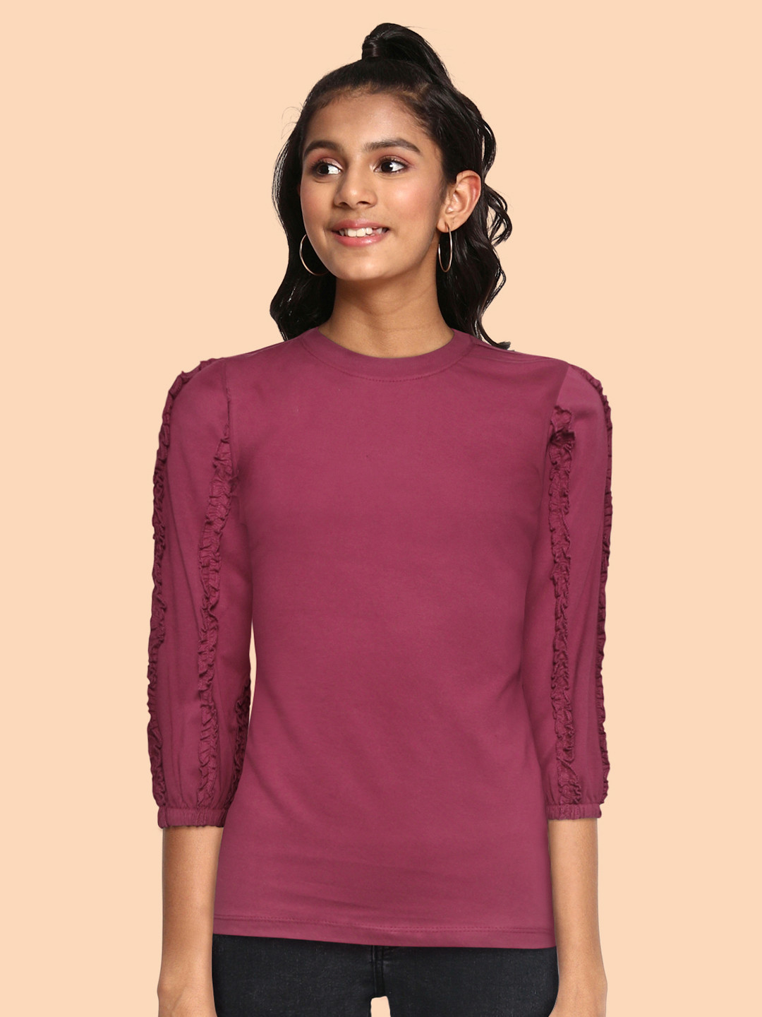 

UTH by Roadster Girls Magenta Solid Ruffled Cotton Regular Top