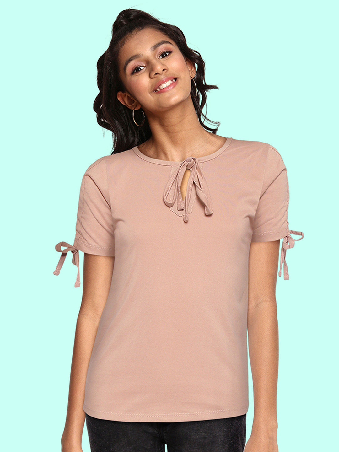 

UTH by Roadster Girls Peach-Coloured Solid Tie-Up Neck Regular Top