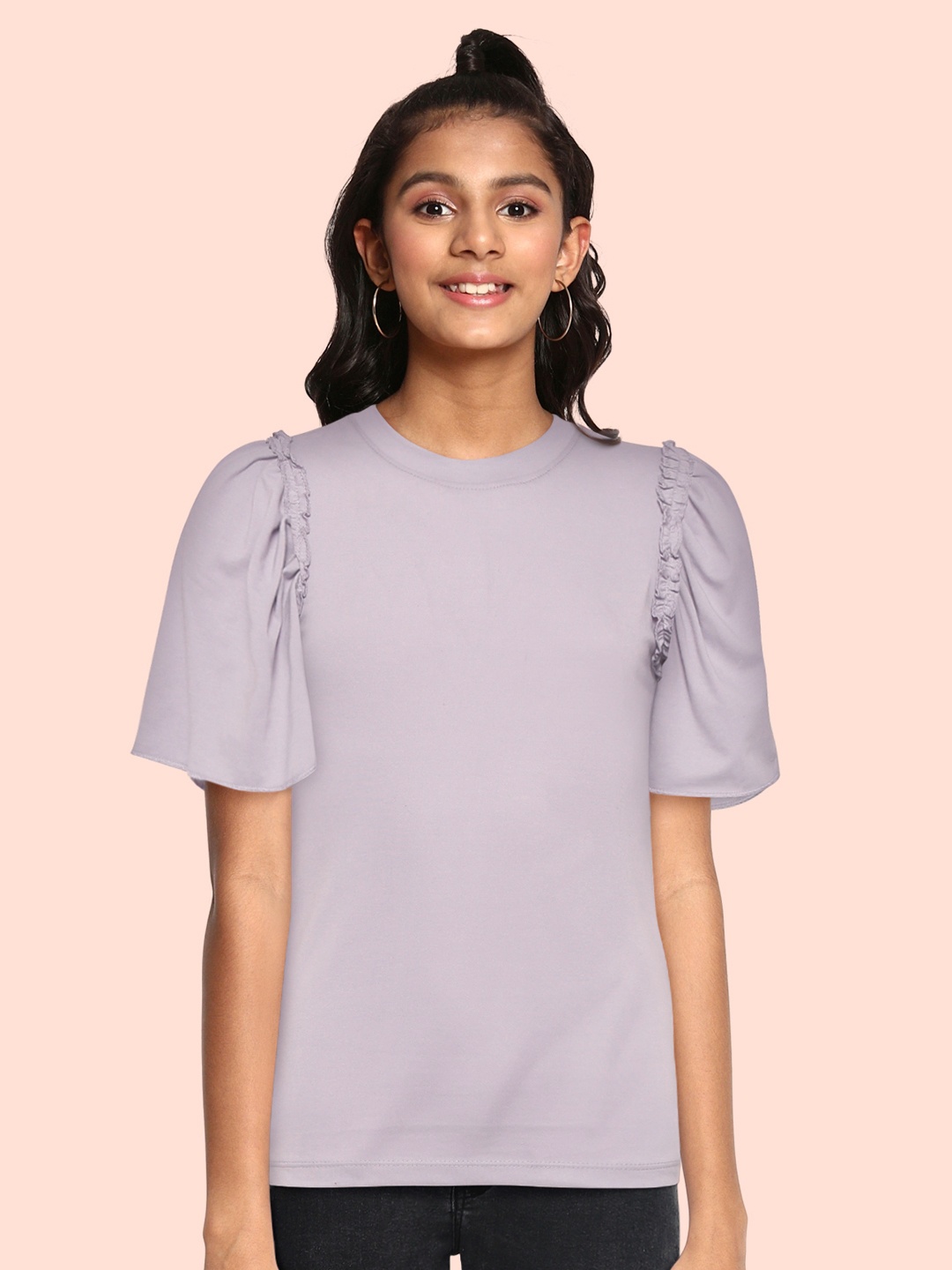 

UTH by Roadster Girls Lavender Solid Ruffled Cotton Regular Top