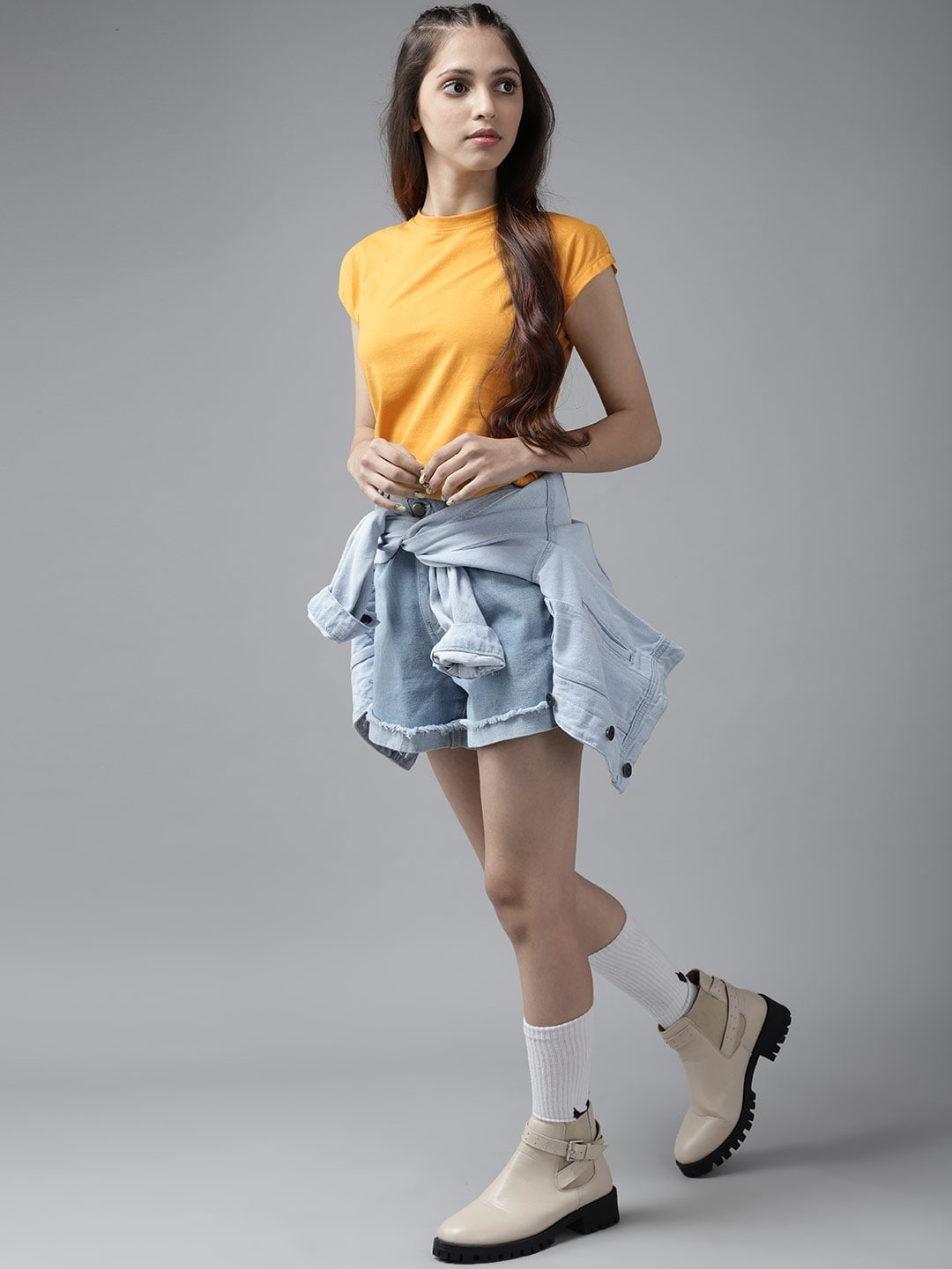 

UTH by Roadster Girls Mustard Yellow Solid Regular Top with Tie-Up & Slit Detail