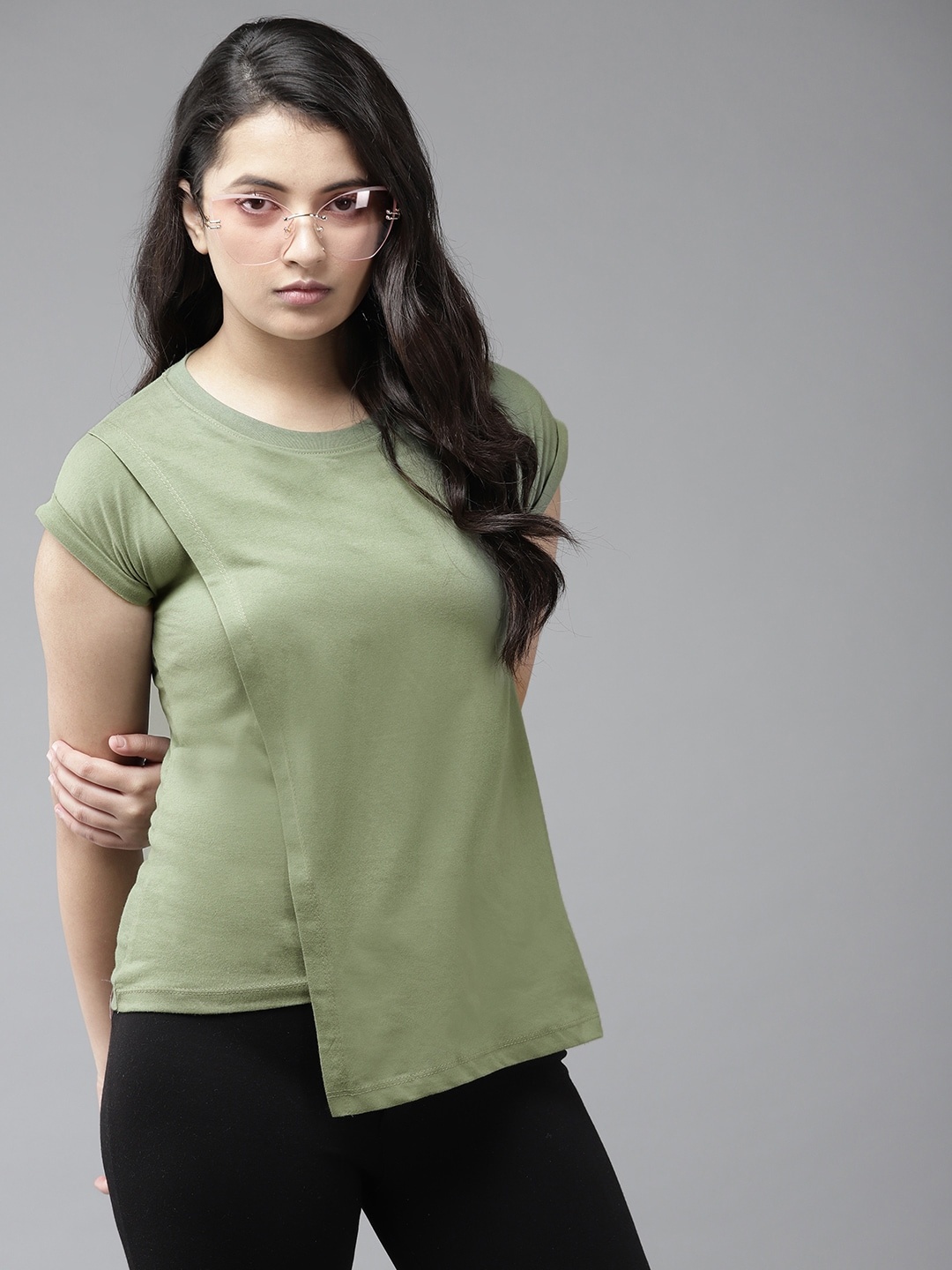 

UTH by Roadster Girls Olive Green Solid Pure Cotton Extended Sleeves Layered Regular Top