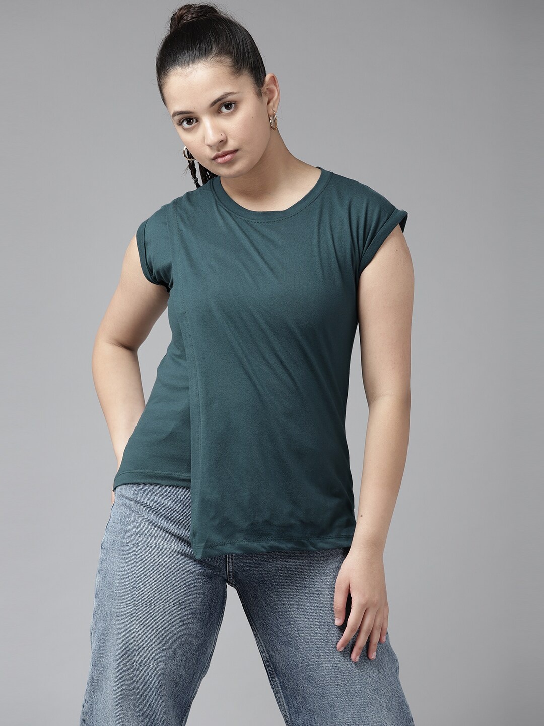 

UTH by Roadster Teal Green Cotton Extended Sleeves Layered Regular Top