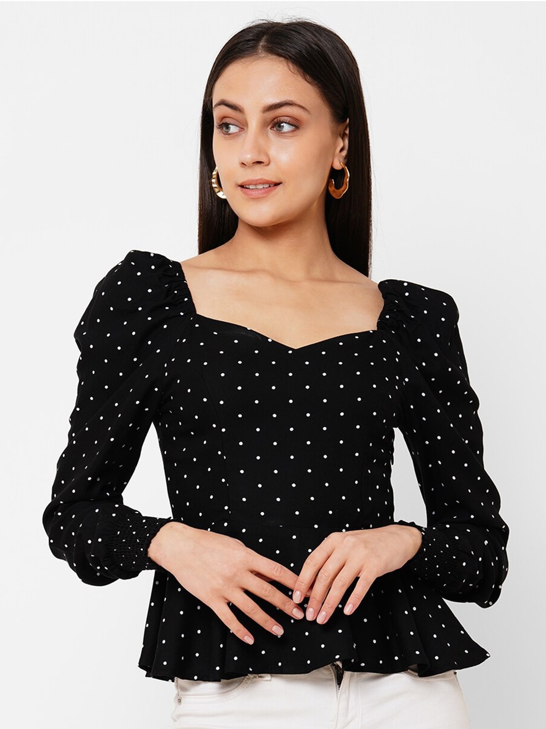 

20Dresses Women Black & White Polka Dot Printed Sweetheart Neck Puff Sleeve Peplum Top