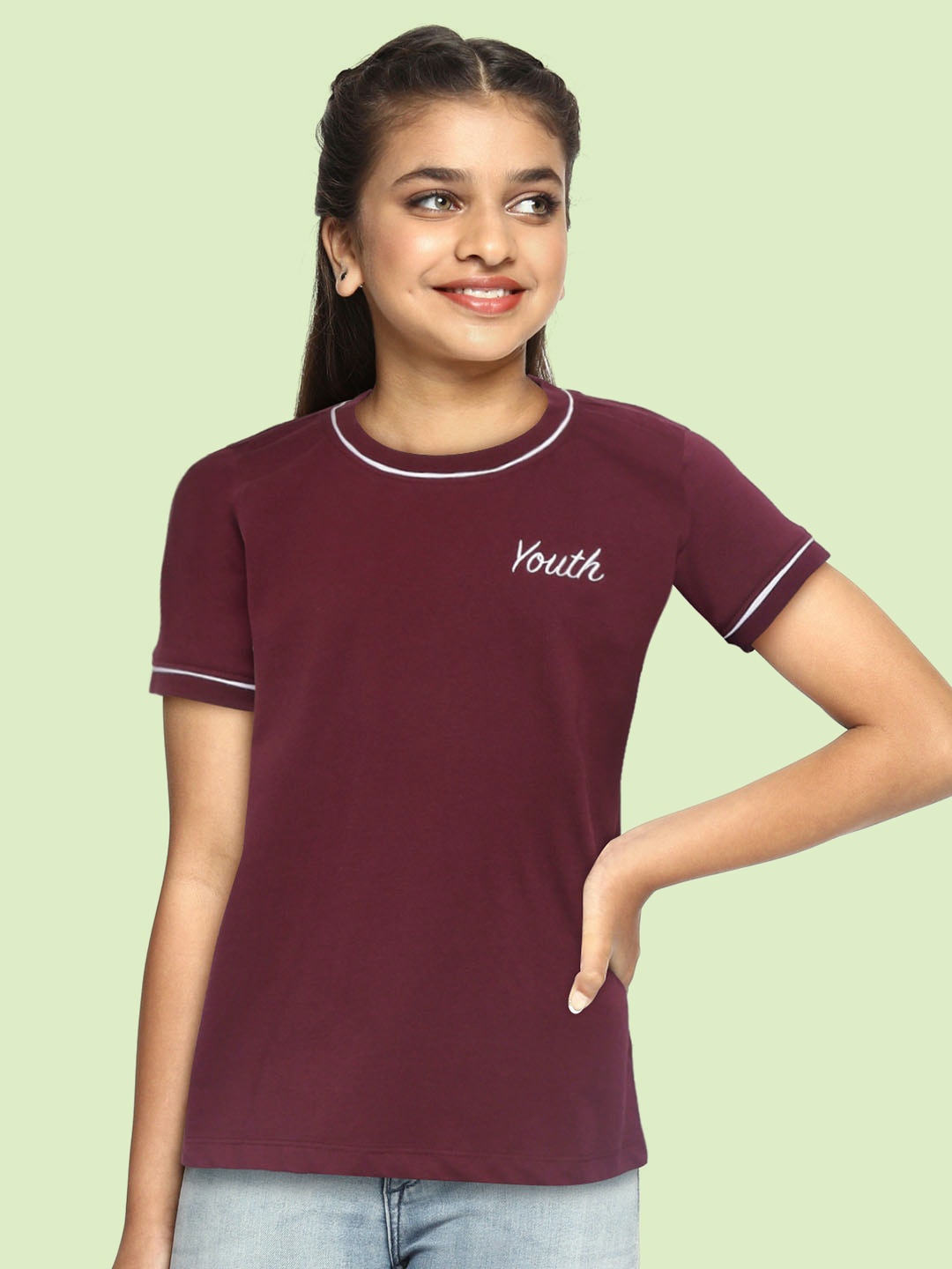 

UTH by Roadster Girls Burgundy Pure Cotton Solid T-shirt