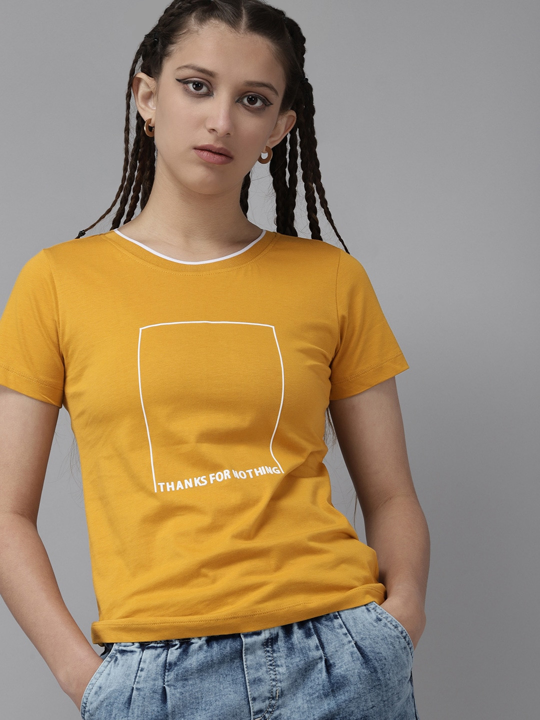 

UTH by Roadster Girls Mustard Yellow & White Pure Cotton Printed T-shirt