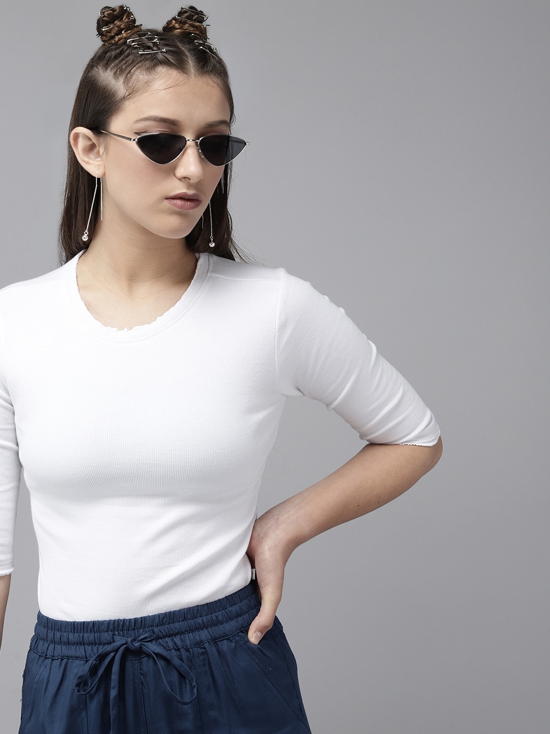 

UTH by Roadster White Solid Pure Cotton Fitted Top