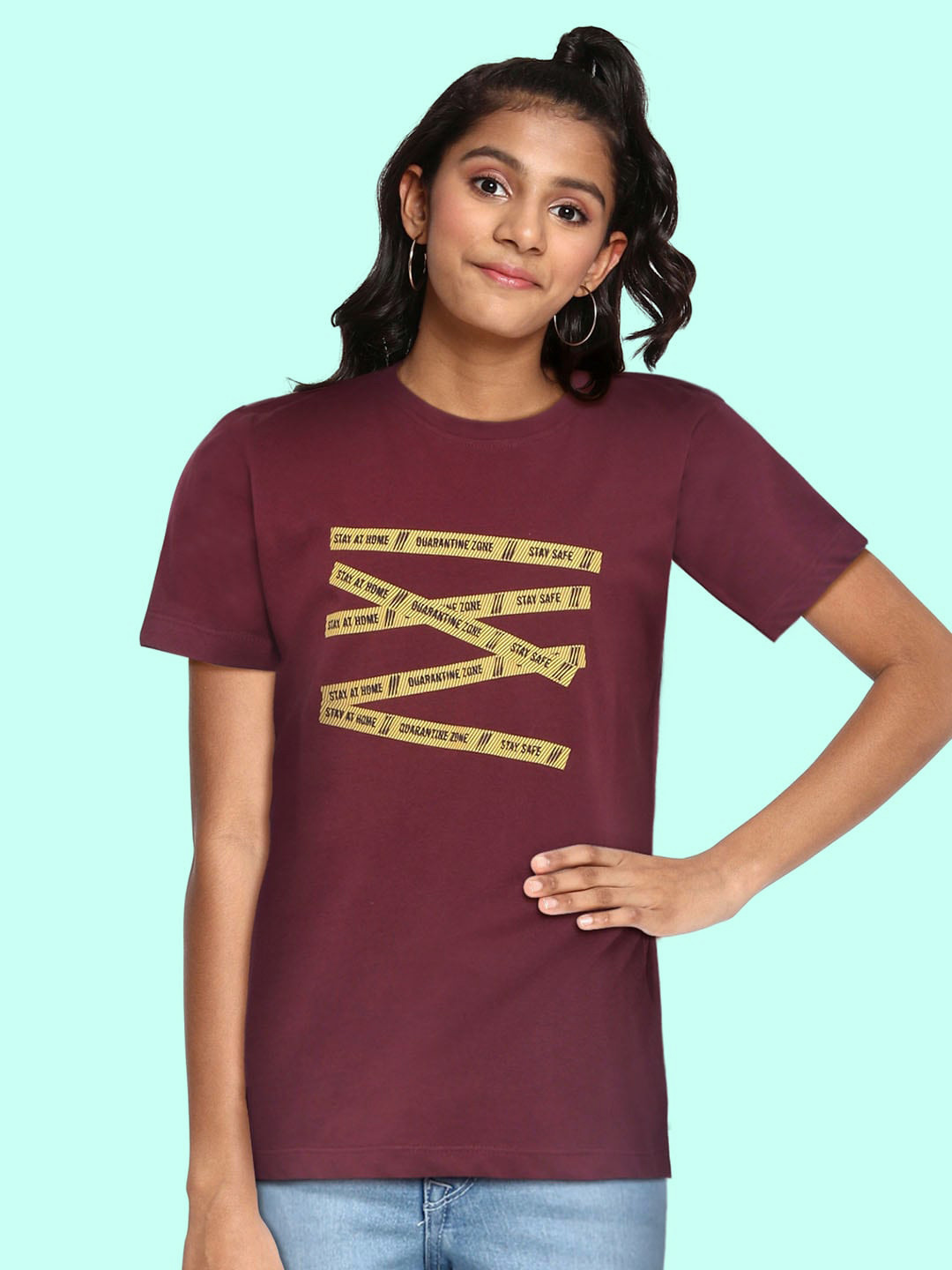 

UTH by Roadster Girls Burgundy & Yellow Pure Cotton Typography Printed T-shirt