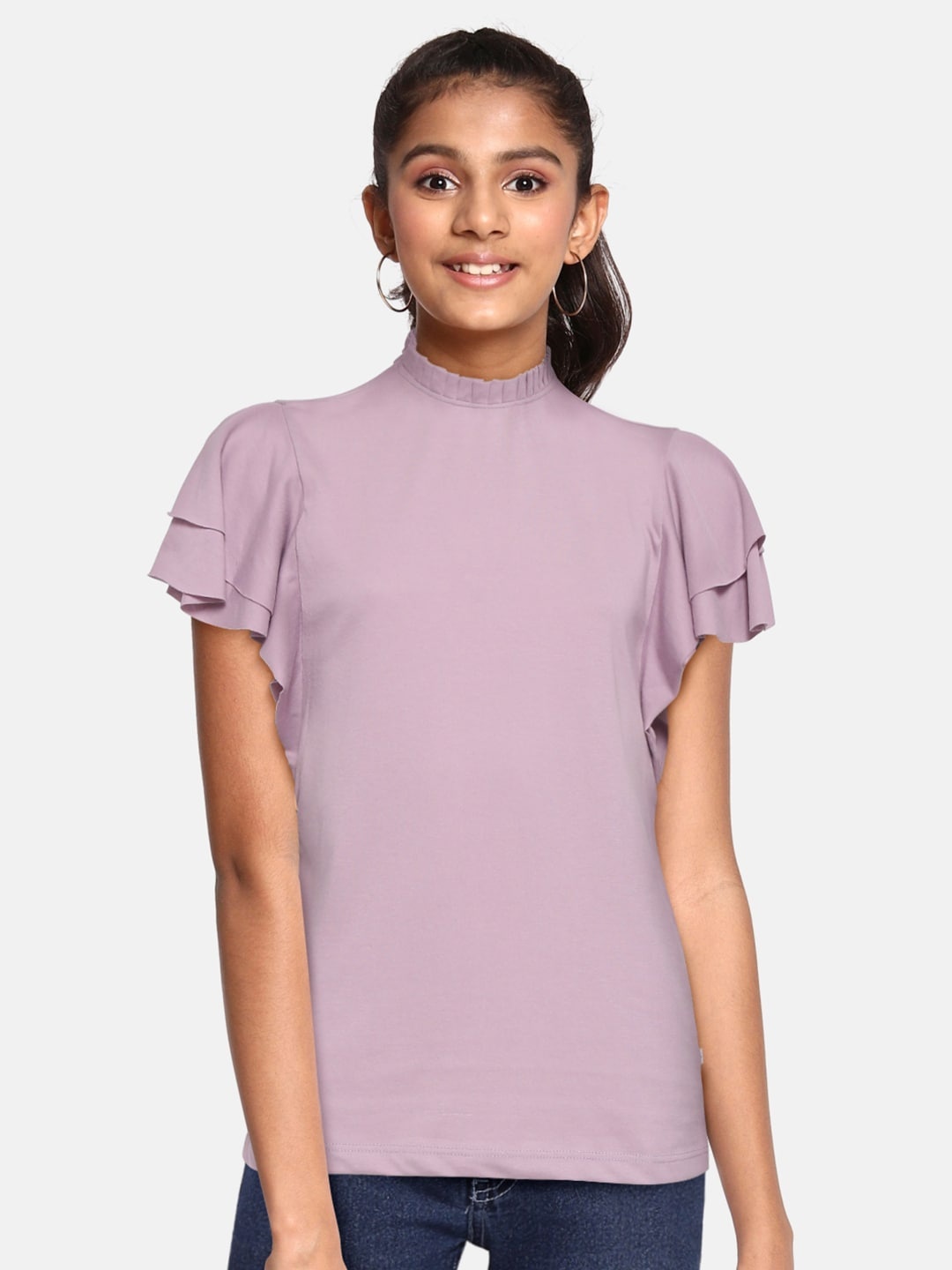 

UTH by Roadster Girls Lavender Solid Layered Detail Cotton Regular Top