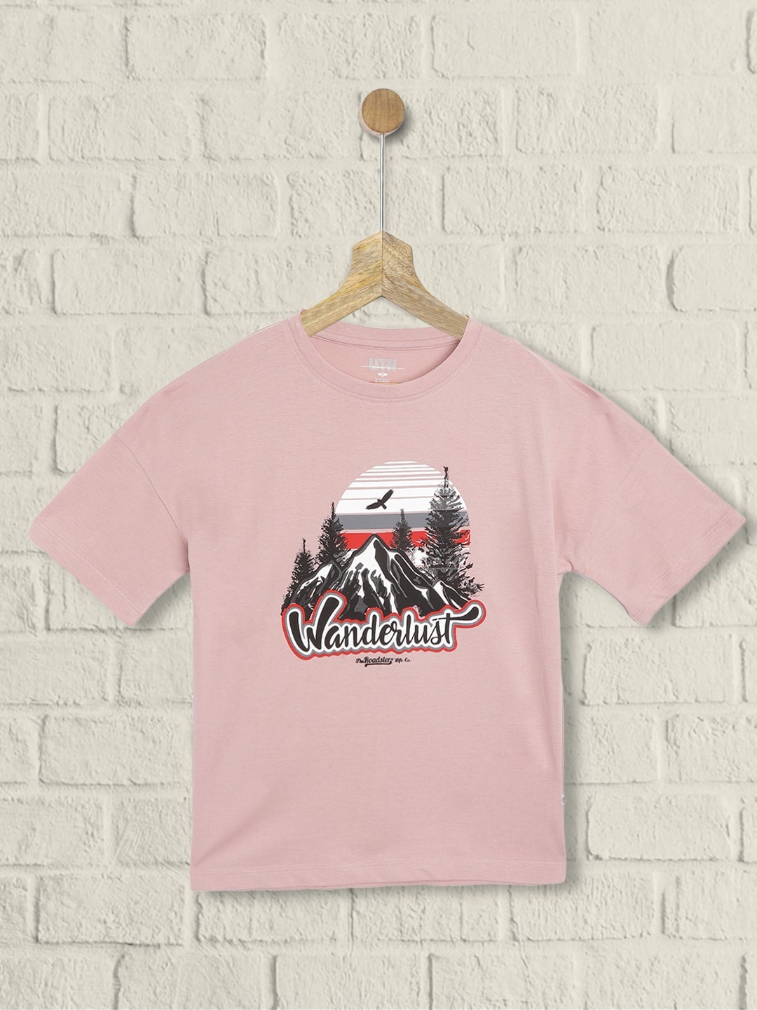 

UTH by Roadster Girls Dusty Pink & Black Pure Cotton Printed Drop-Shoulder Sleeves T-shirt