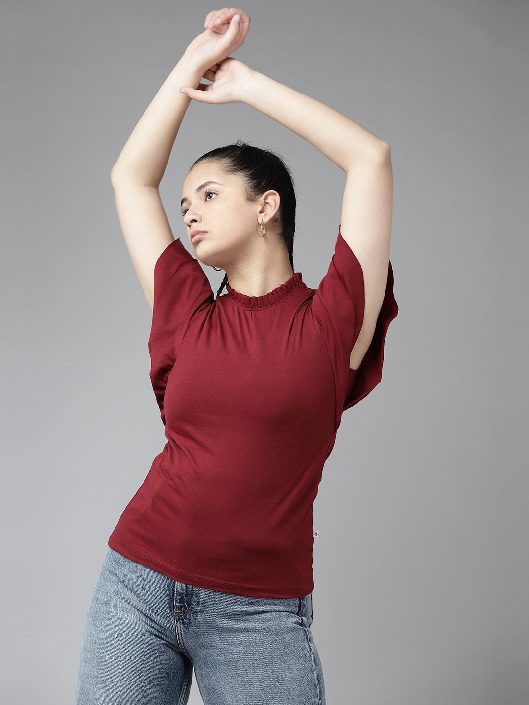 

UTH by Roadster Maroon Solid Pure Cotton Ruffles Regular Top