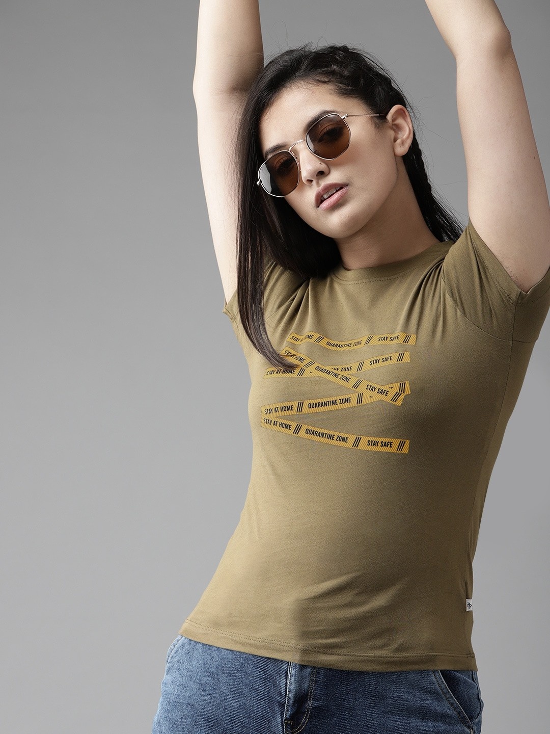 

UTH by Roadster Girls Olive Green & Yellow Typography Printed Cotton T-shirt
