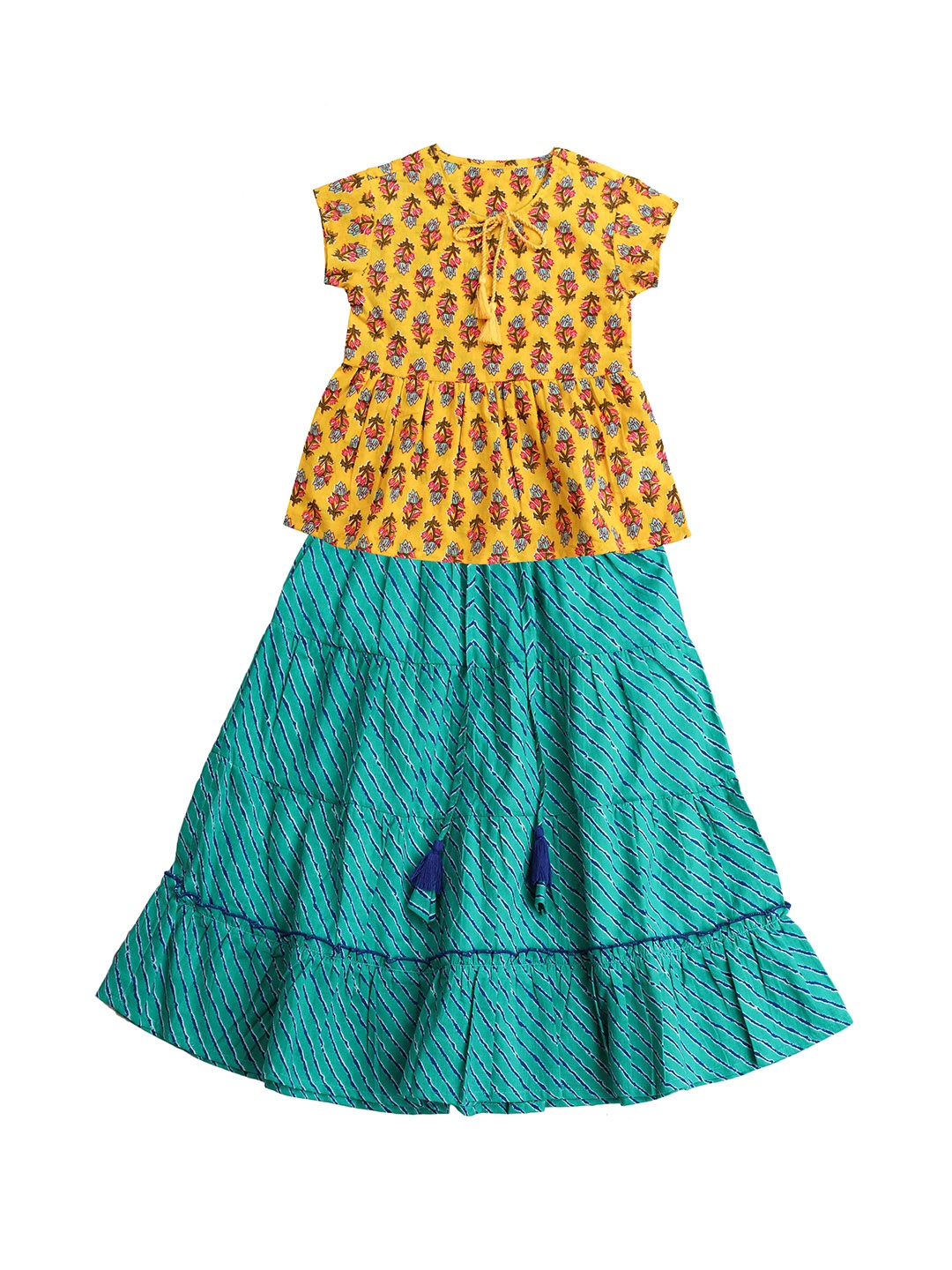 

YK Girls Mustard & Teal Ethnic Motifs Printed Ready To Wear Lehenga & Ready To Wear Choli