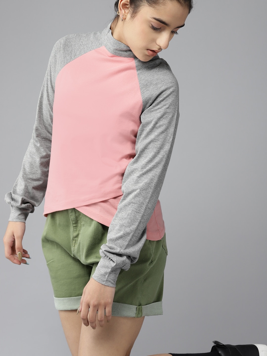 

UTH by Roadster Girls Pink & Grey Melange Solid Layered Cotton Top